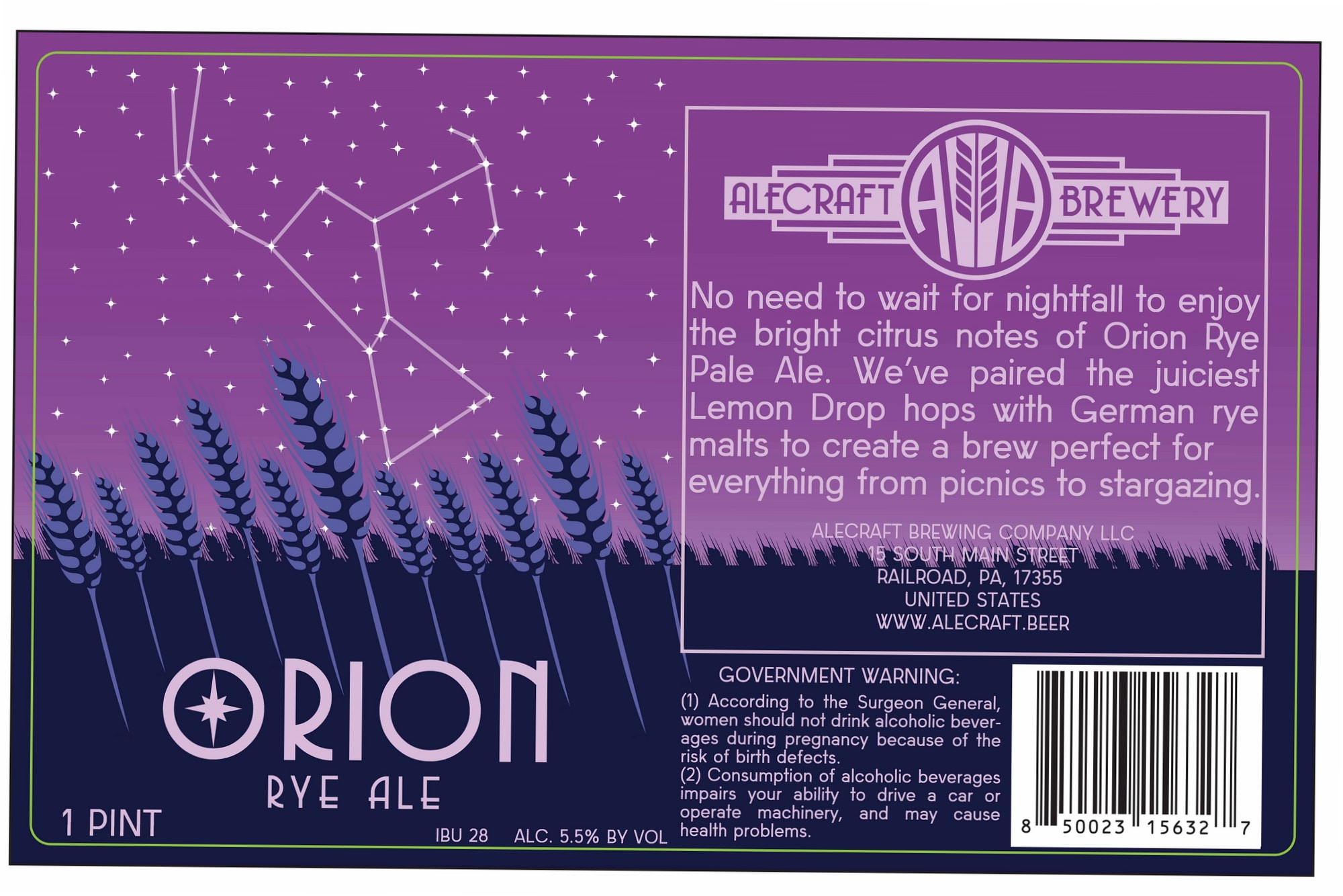Orion Rye Ale by Alecraft Brewery - beer label