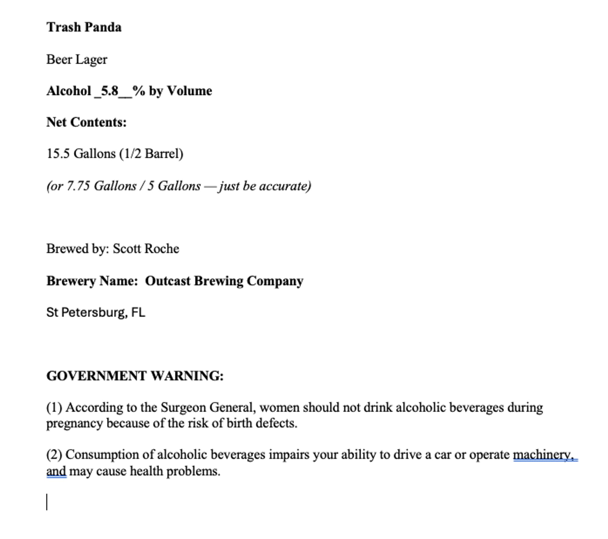 Trash Panda by Outcast Brewing Company - beer label