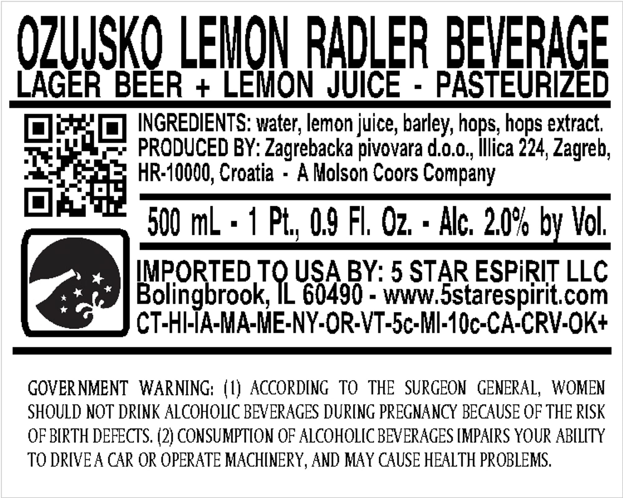 Ozujko Lemon Radler by Zagrebačka pivovara d.o.o. - beer label