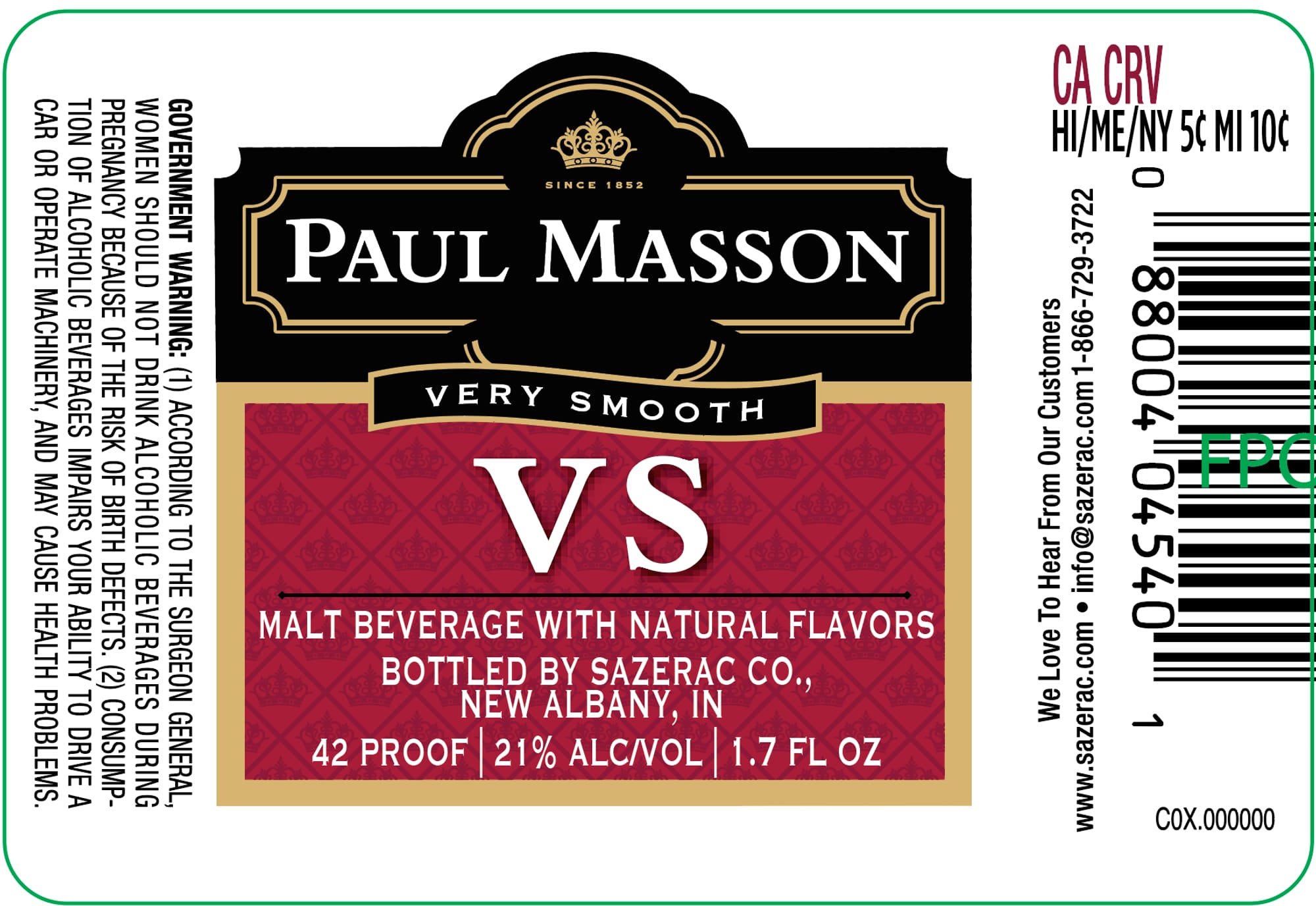 Paul Masson VS by Sazerac Co. - beer label