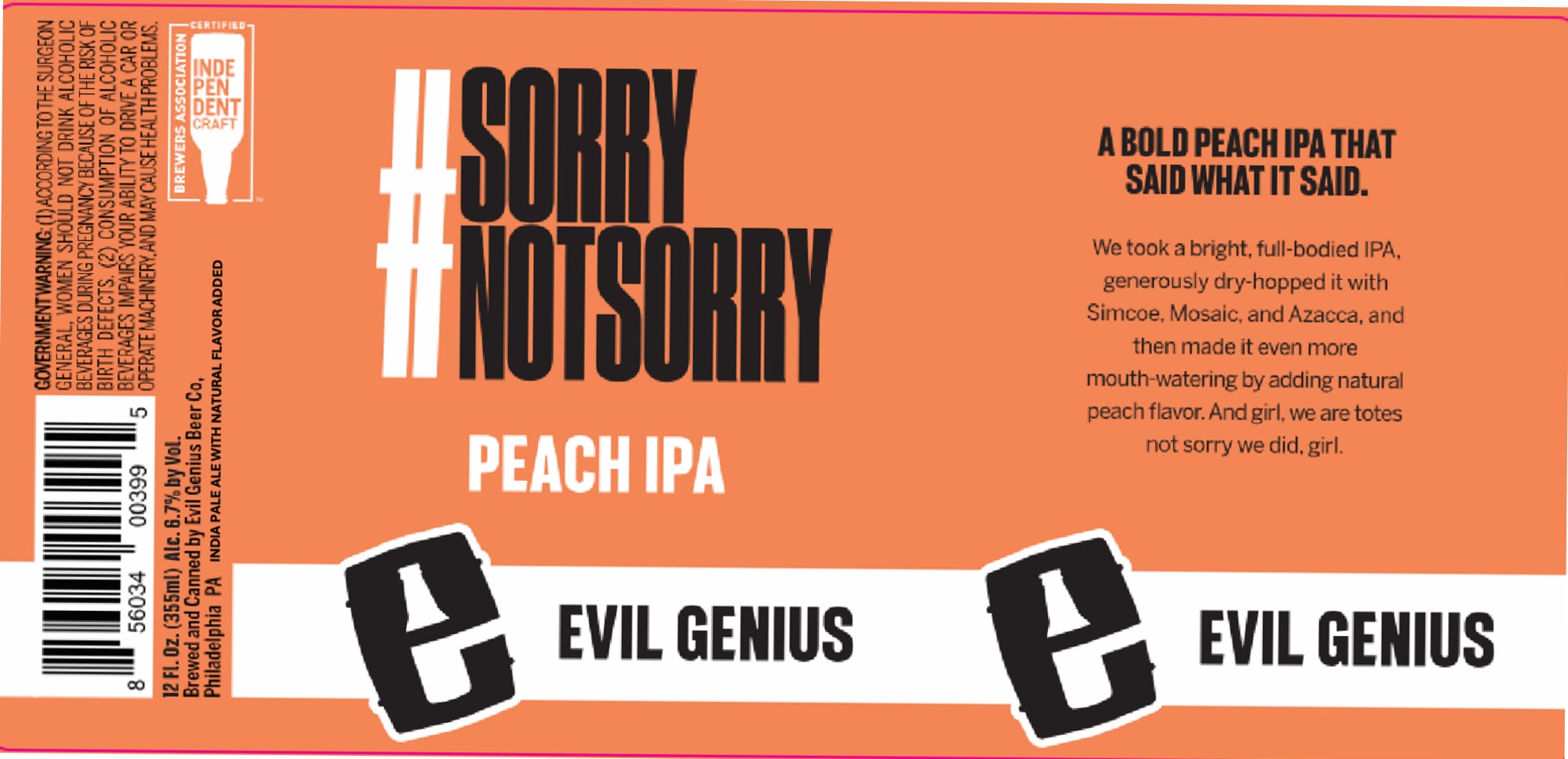 Peach IPA by Evil Genius Beer Company - beer label
