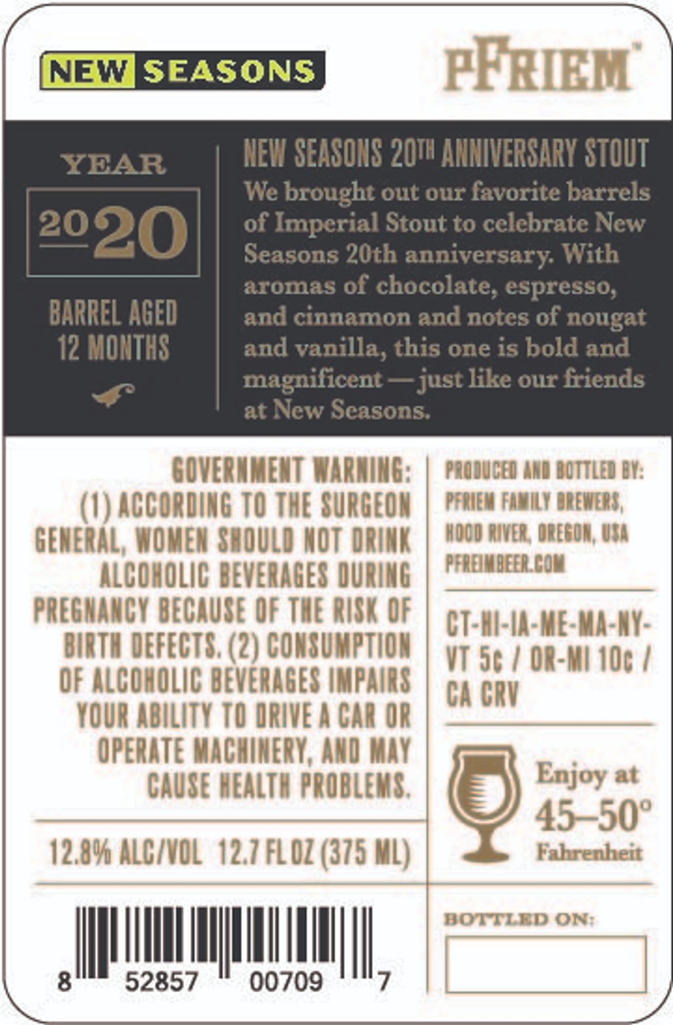 New Seasons 20th Anniversary Stout by Pfriem Family Brewers - beer label