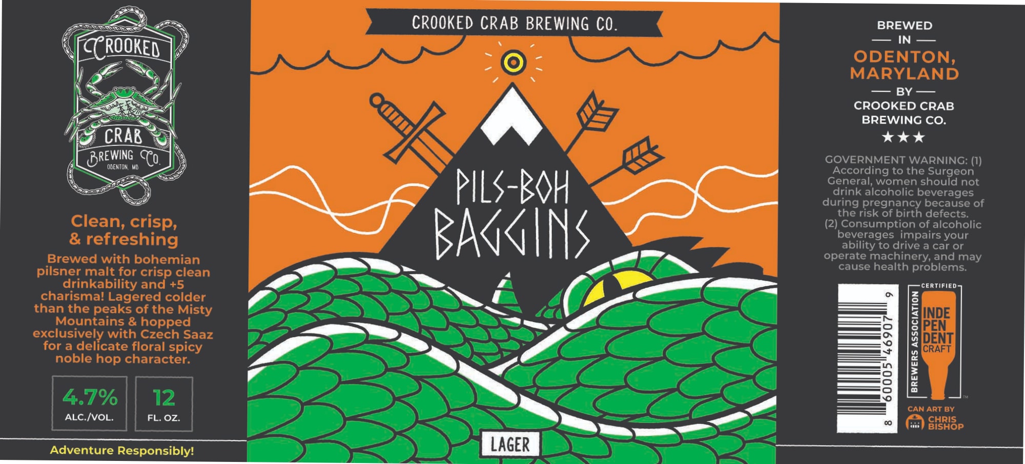 Pils-Boh Baggins by Crooked Crab Brewing Co. - beer label