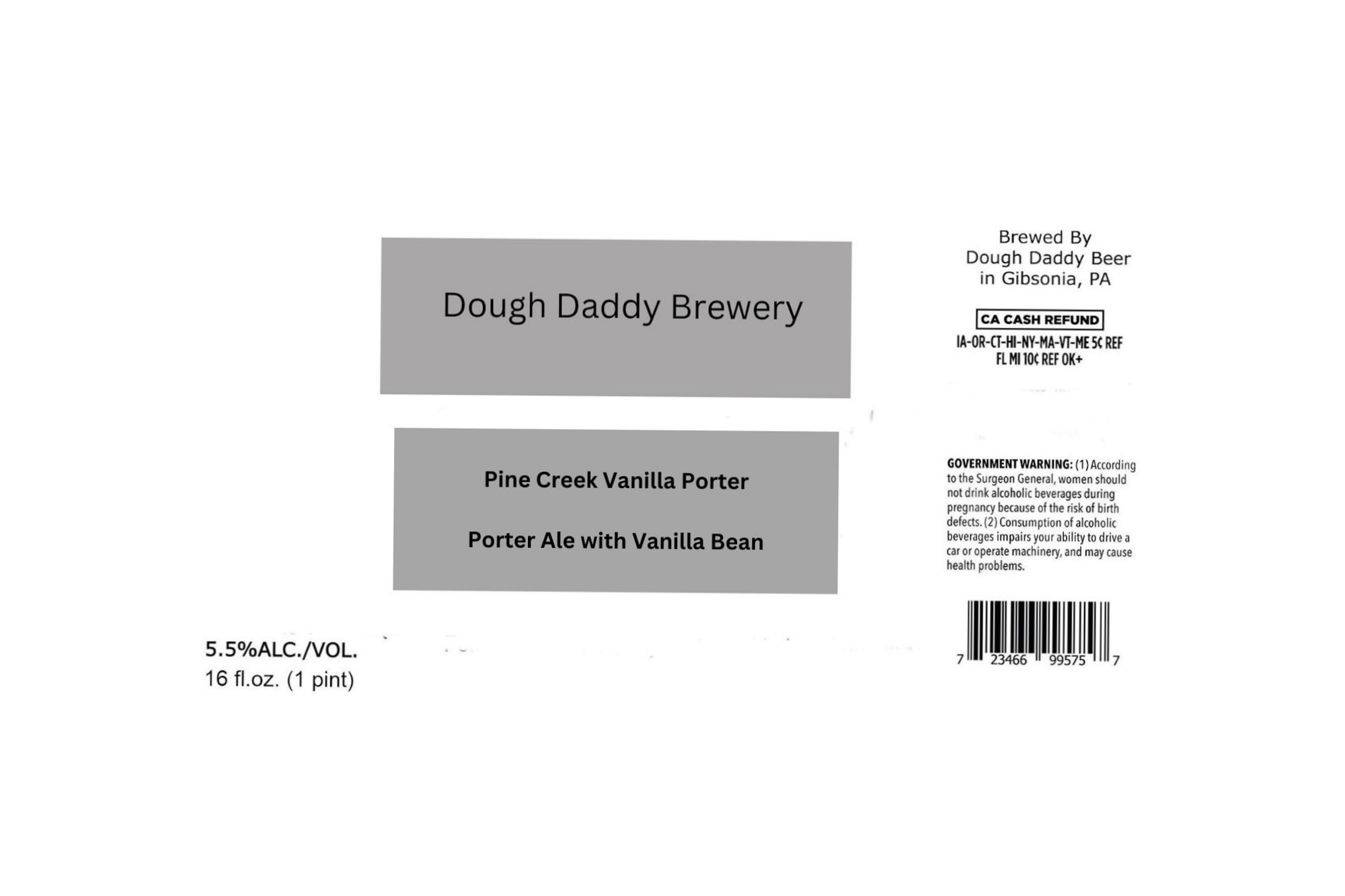 Pine Creek Vanilla Porter by Dough Daddy Beer - beer label