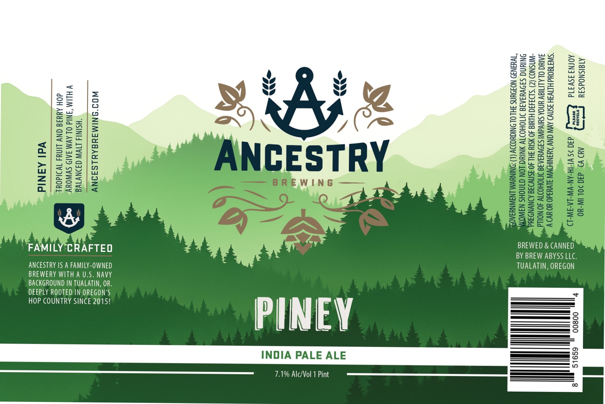 Piney India Pale Ale by Ancestry Brewing - beer label