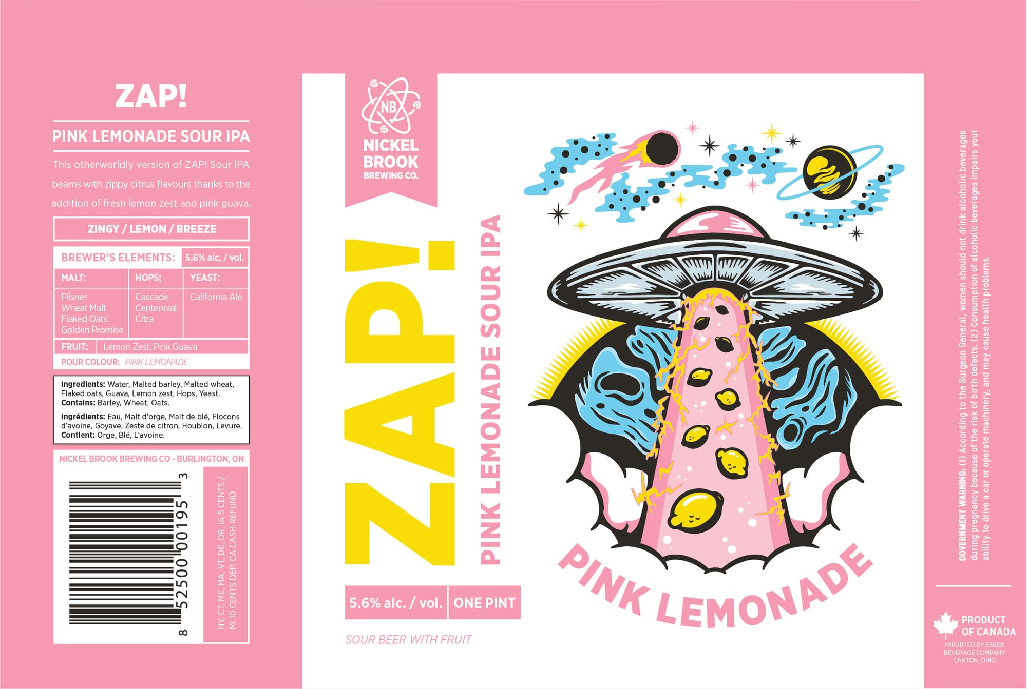 Zap! Pink Lemonade Sour IPA by Nickel Brook Brewing Co. - beer label