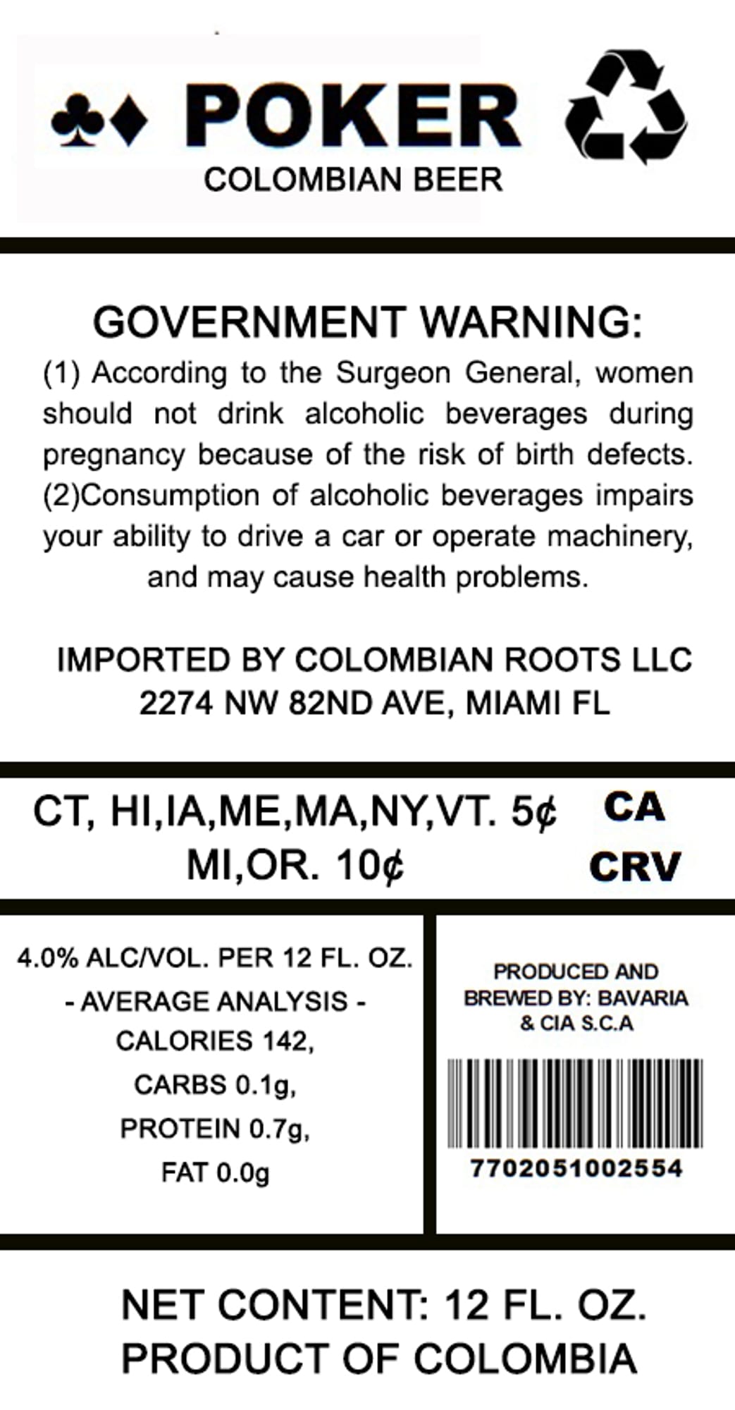 Poker Colombian Beer by Bavaria & CIA S.C.A. - beer label