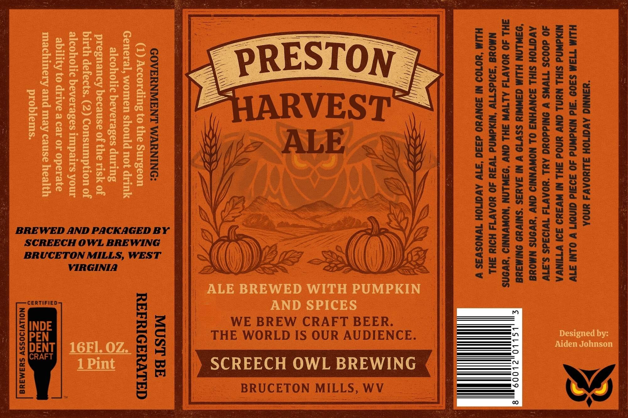 Preston Harvest Ale by Screech Owl Brewing - beer label