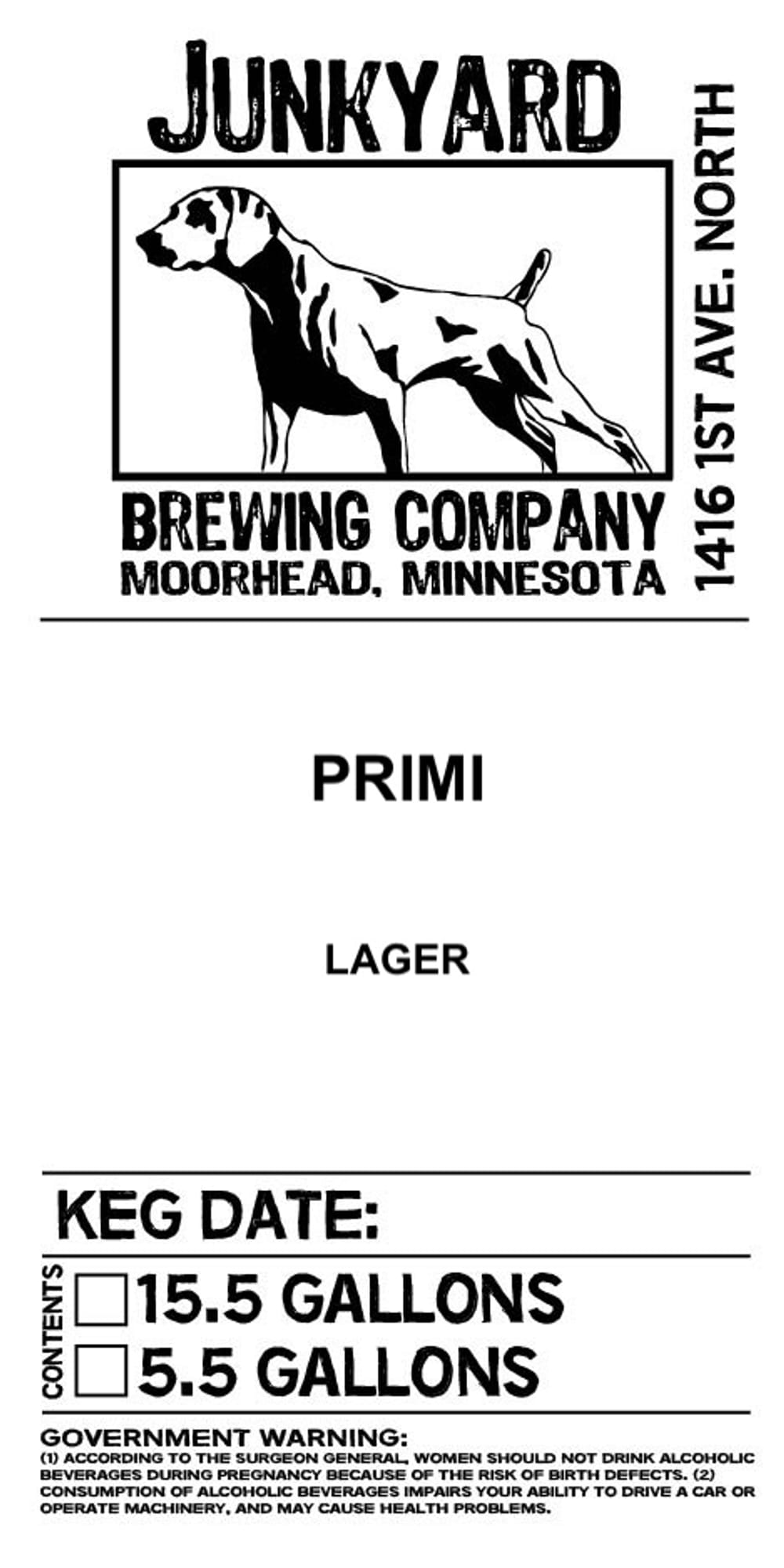 Primi Lager by Junkyard Brewing Company - beer label