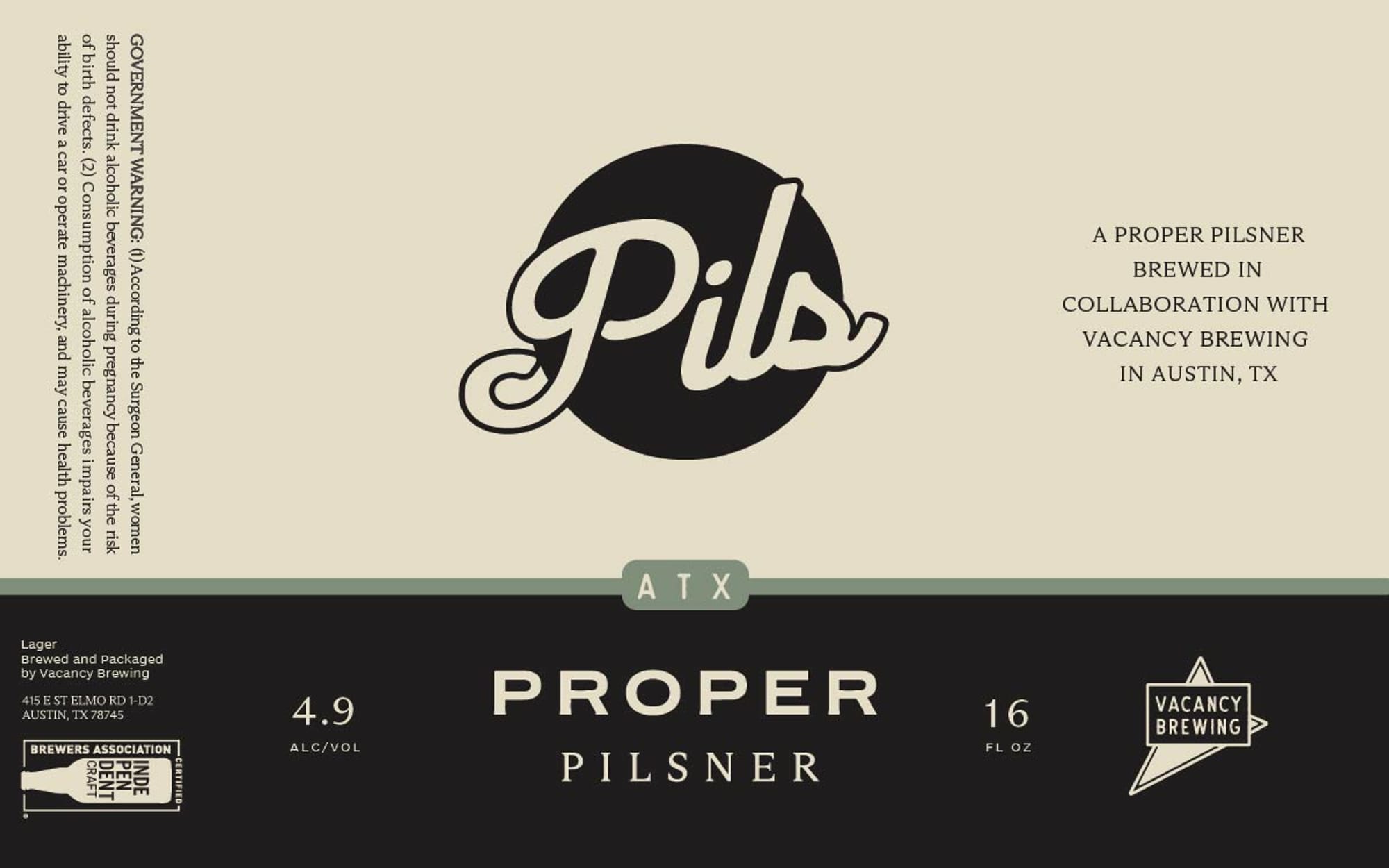 Proper Pilsner by Vacancy Brewing - beer label