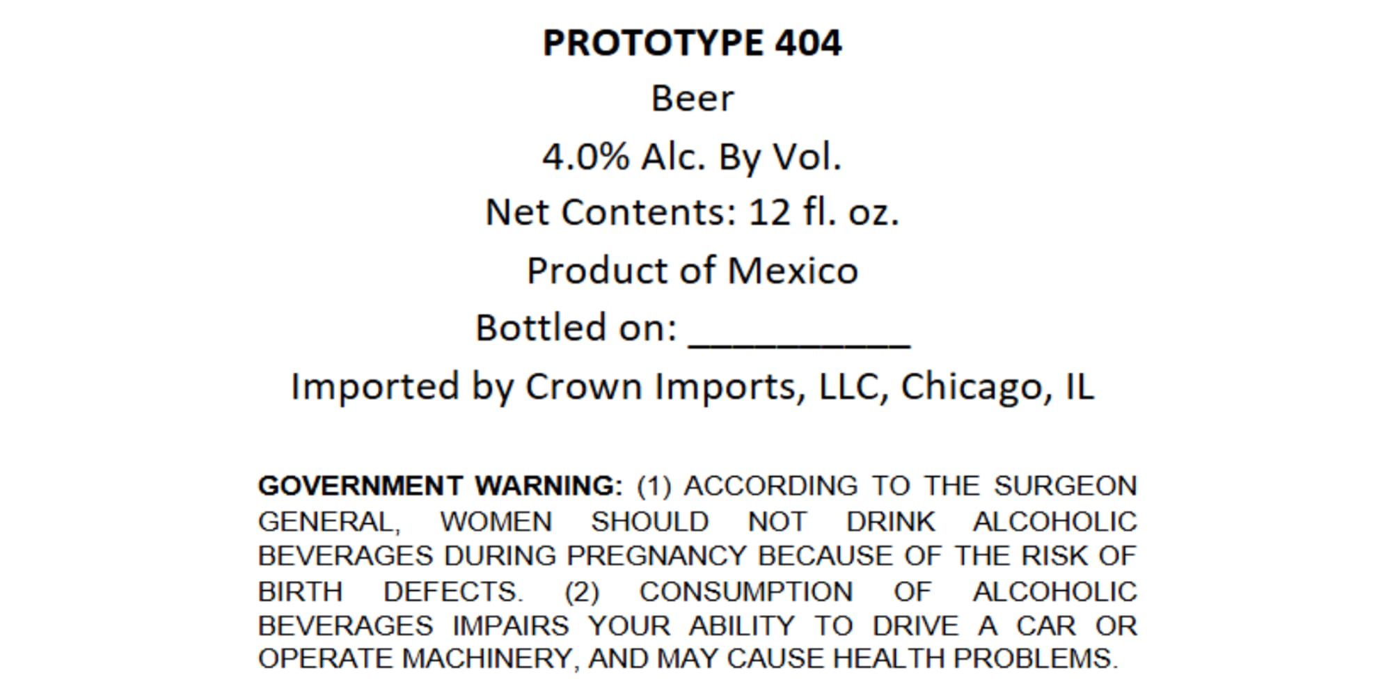 Prototype 404 by Crown Imports - beer label
