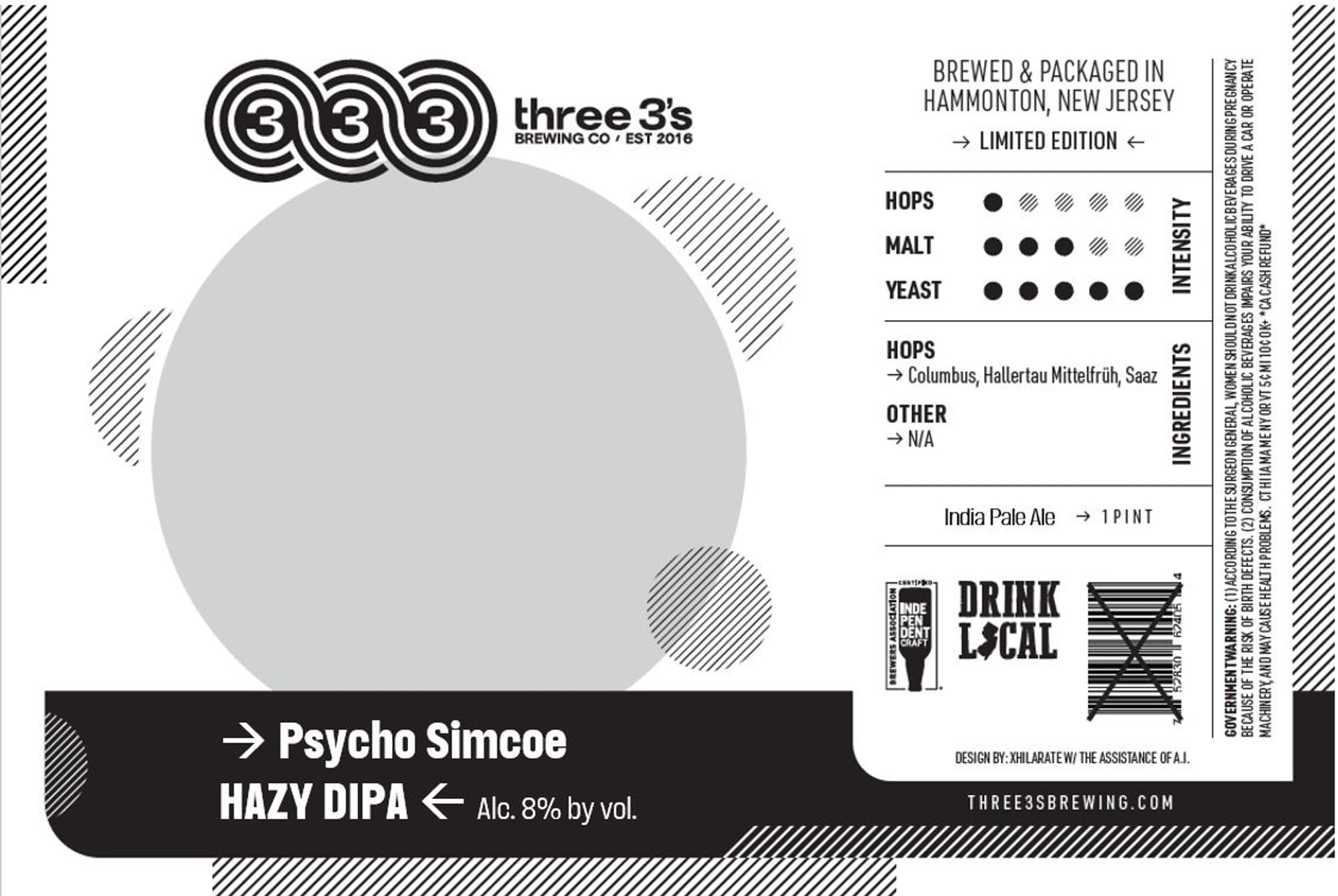Psycho Simcoe by Three’s Brewing Co. - beer label