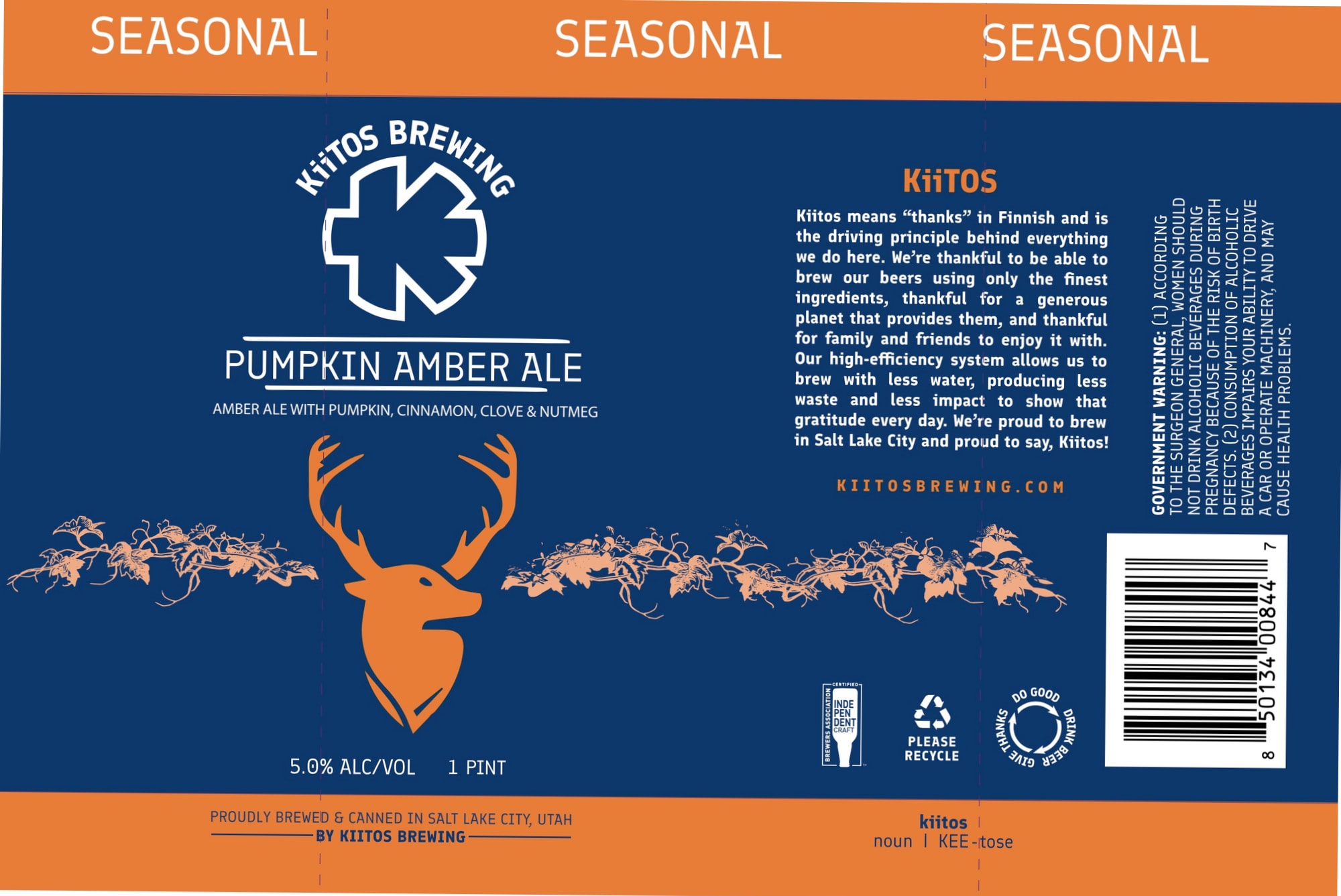 Pumpkin Amber Ale by Kiitos Brewing - beer label