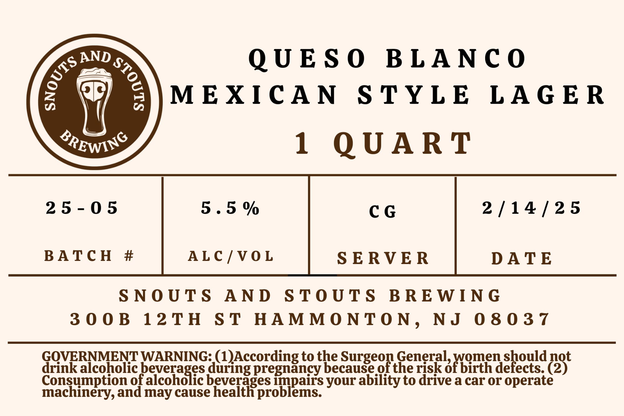 Queso Blanco by Snouts and Stouts Brewing - beer label