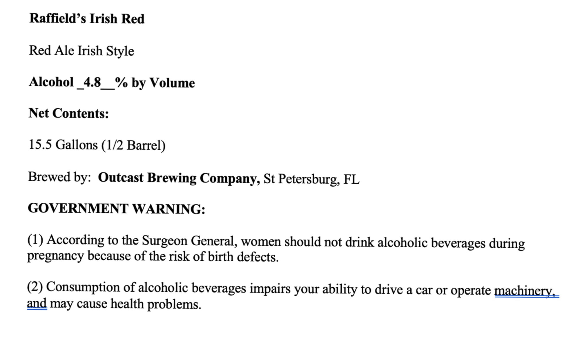 Raffield’s Irish Red by Outcast Brewing Company - beer label