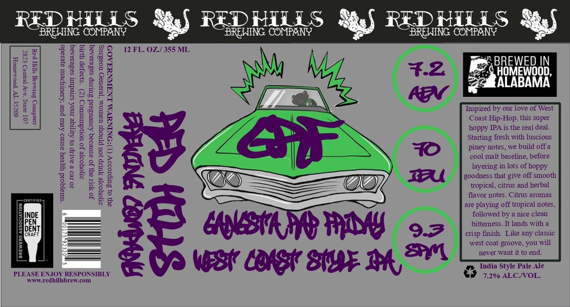 Government Warning IPA by Red Hills Brewing Company - beer label