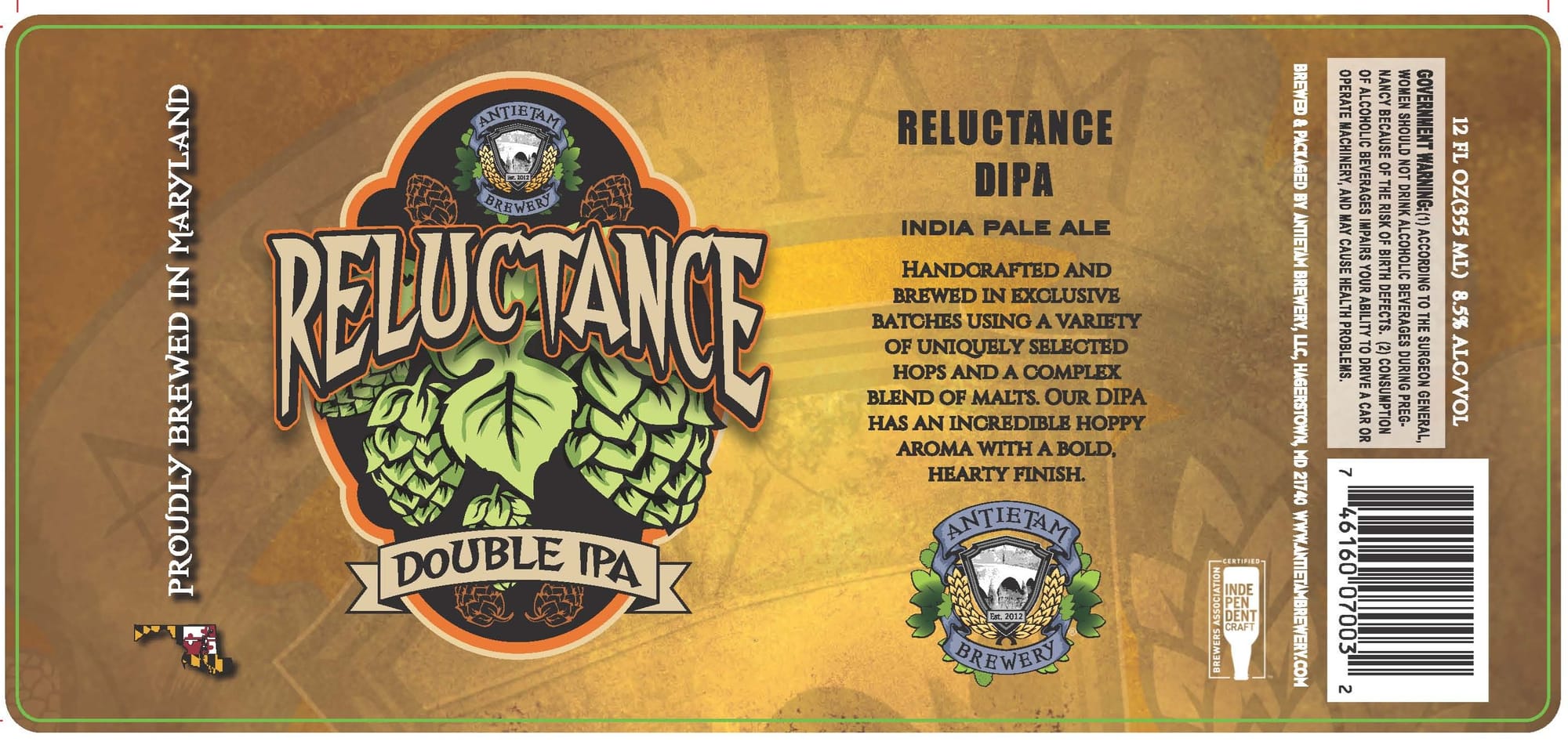 Reluctance Double IPA by Antietam Brewery - beer label