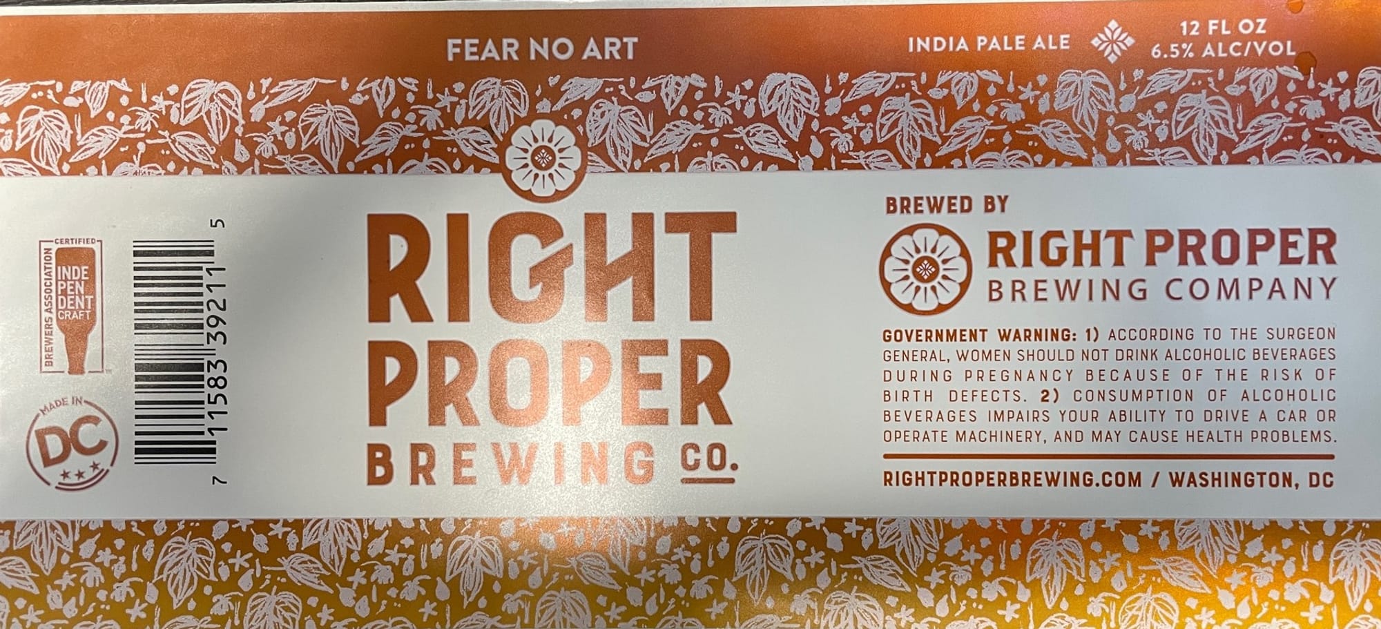 Fear No Art by Right Proper Brewing Company - beer label