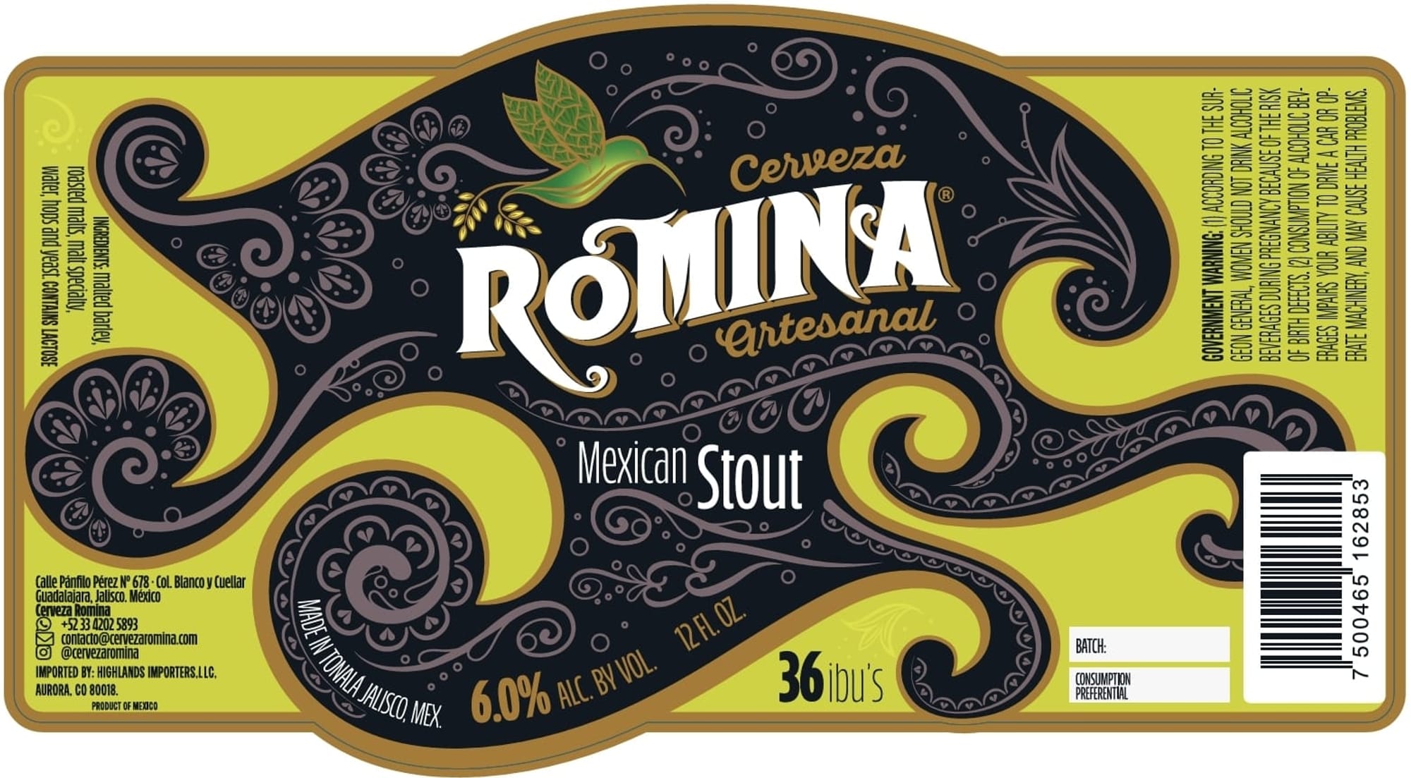 Romina Artesanal Mexican Stout by Cervercería Romina - beer label