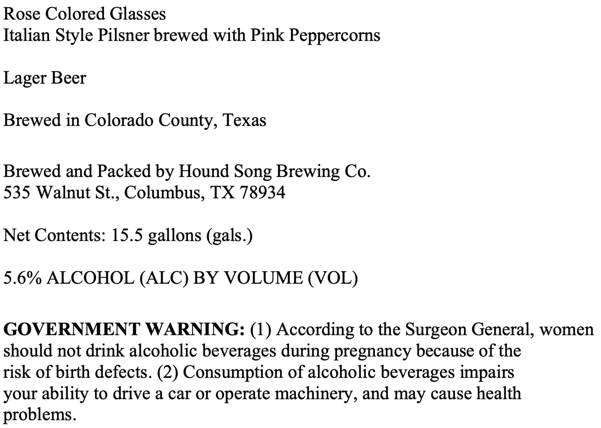 Rose Colored Glasses by Hound Song Brewing Co. - beer label