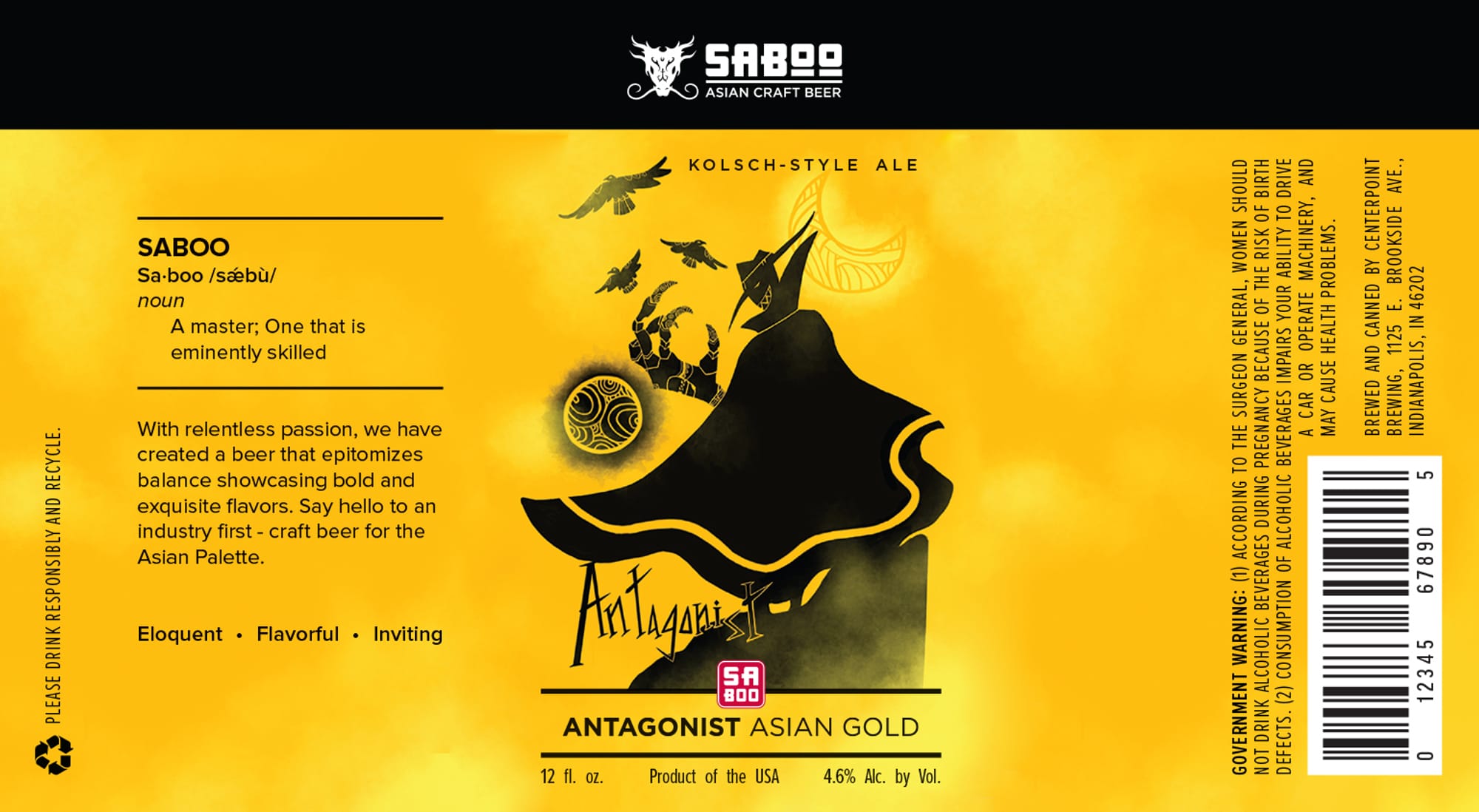 Saboo Antagonist Asian Gold by Centerpoint Brewing - beer label