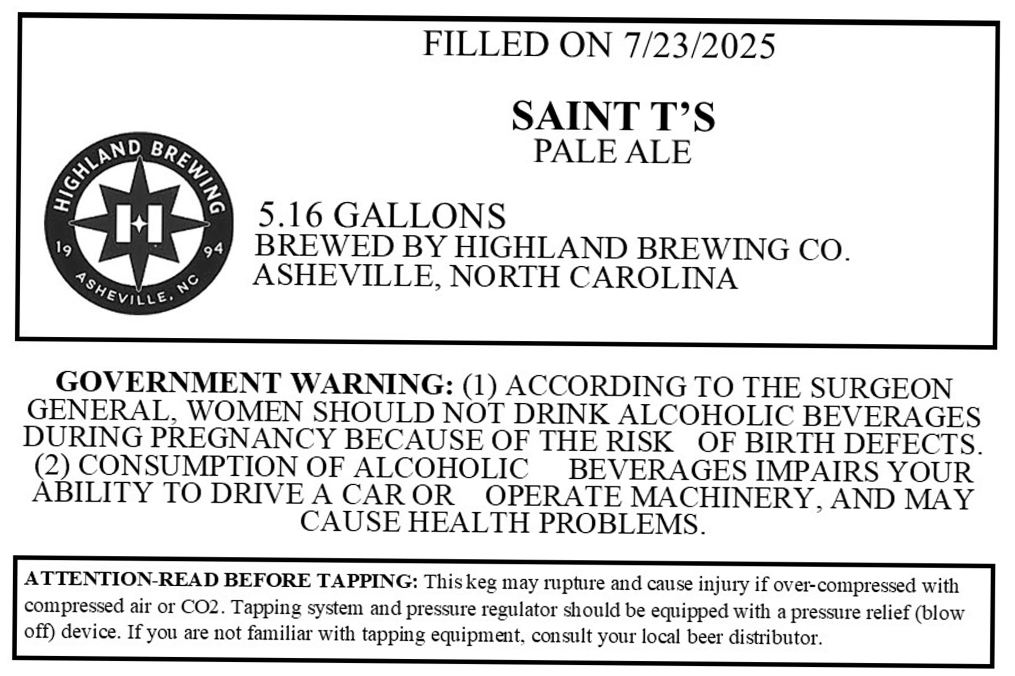 Saint T’s Pale Ale by Highland Brewing Co. - beer label