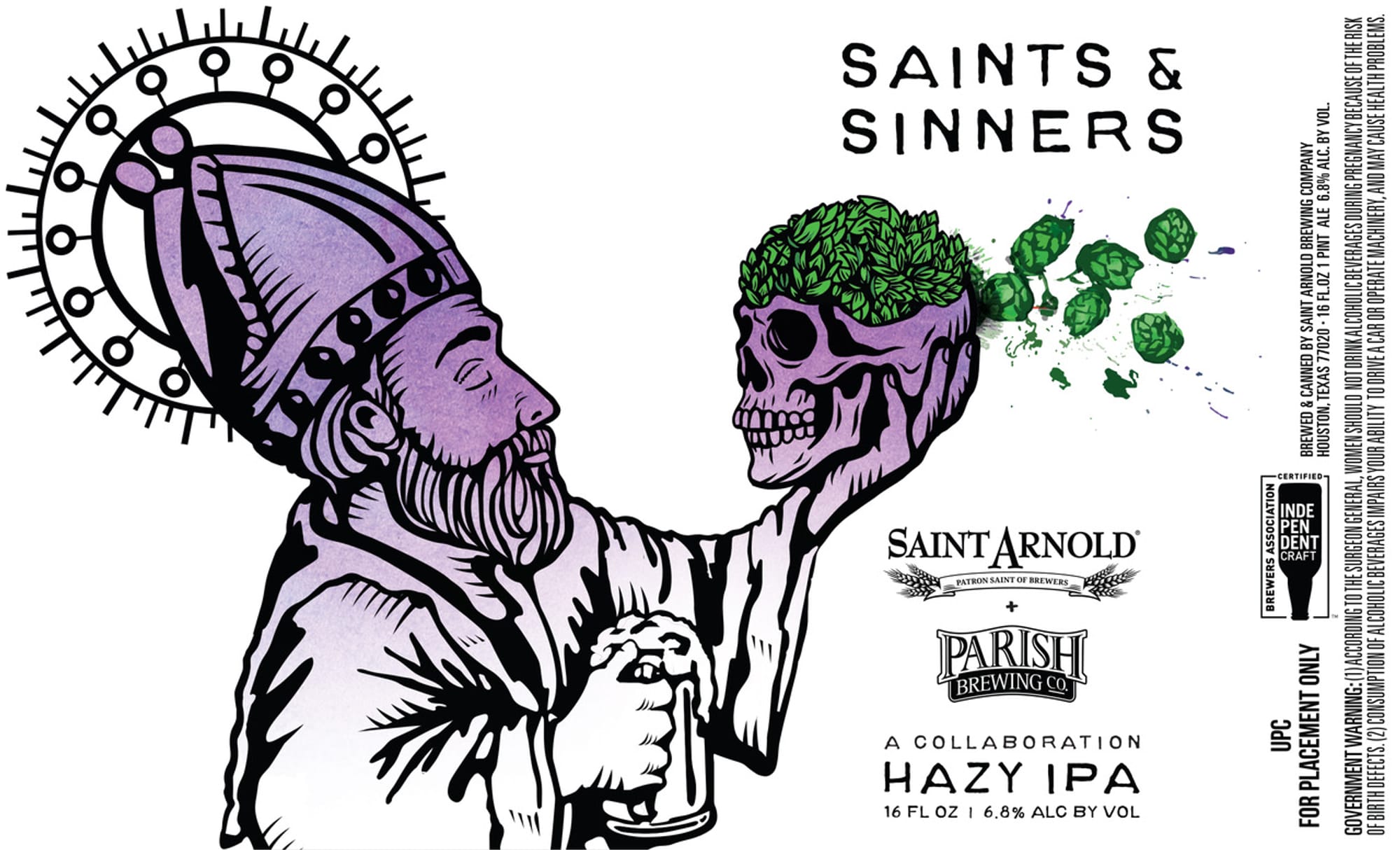 Saints & Sinners Hazy IPA by Saint Arnold Brewing Company & Parish Brewing Co. - beer label