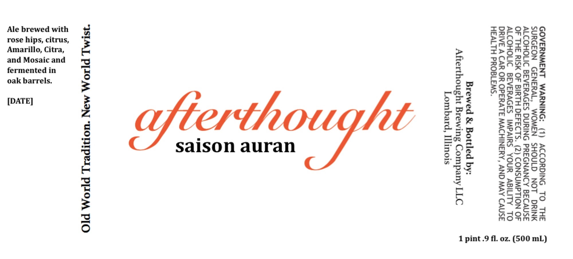Afterthought Saison Auran by Old Tradition Brewing Company LLC - beer label