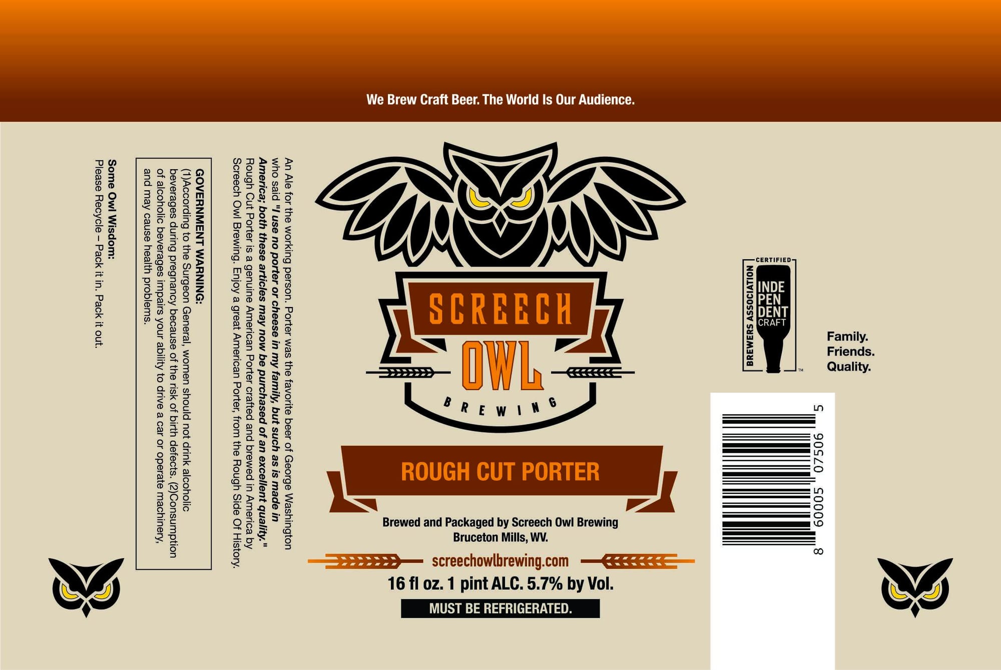 Rough Cut Porter by Screech Owl Brewing - beer label