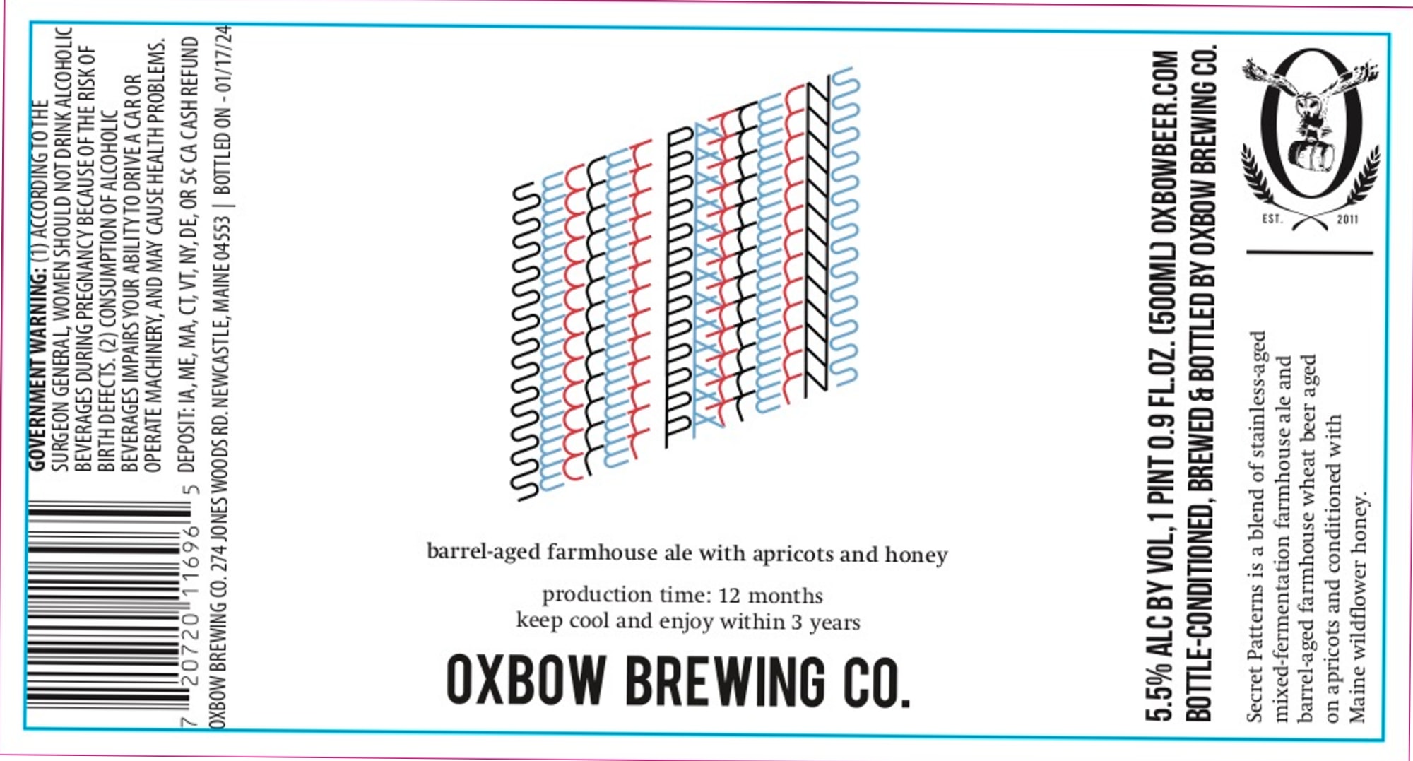 Secret Patterns by Oxbow Brewing Co. - beer label