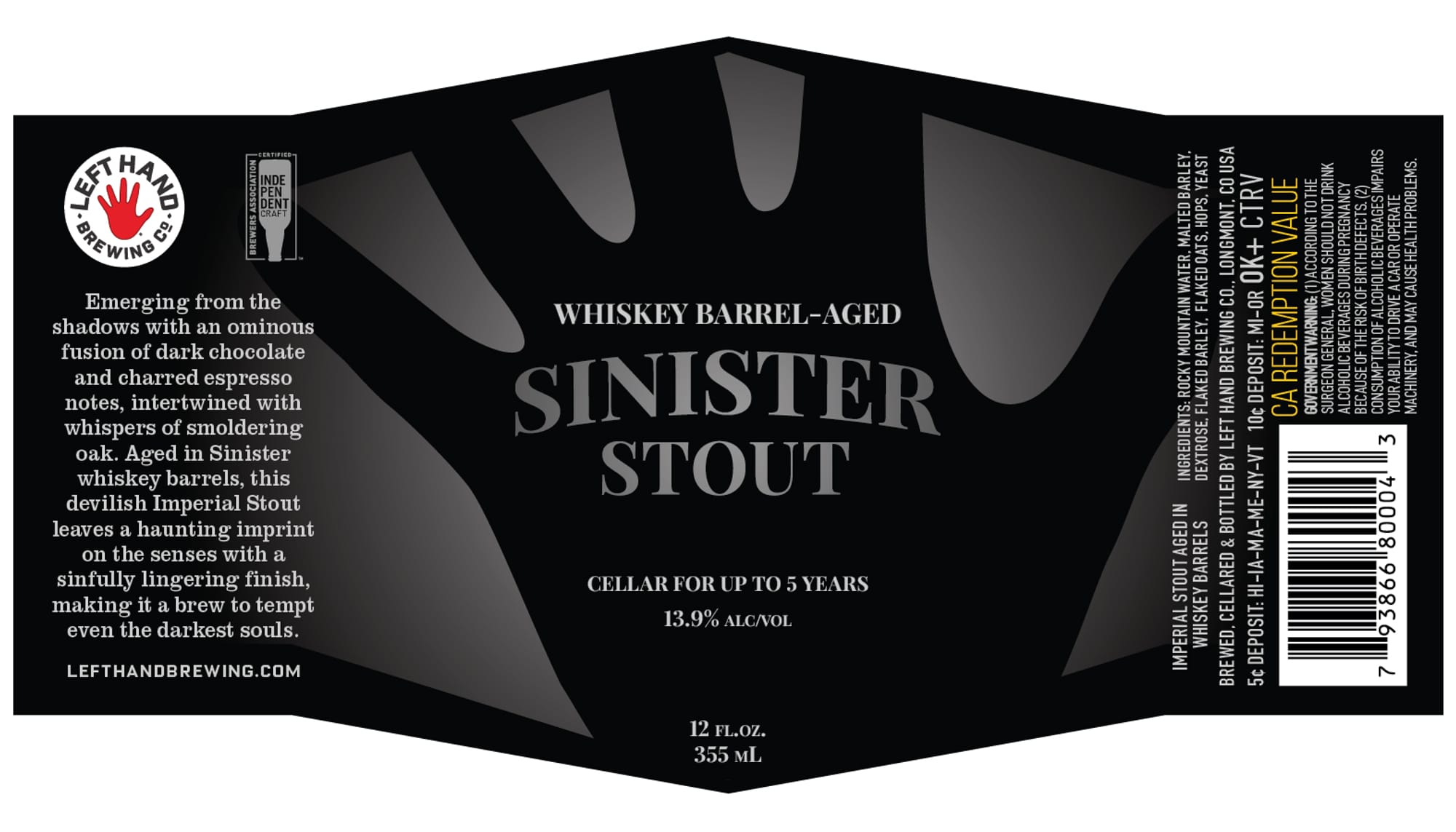 Sinister Stout by Left Hand Brewing Co. - beer label