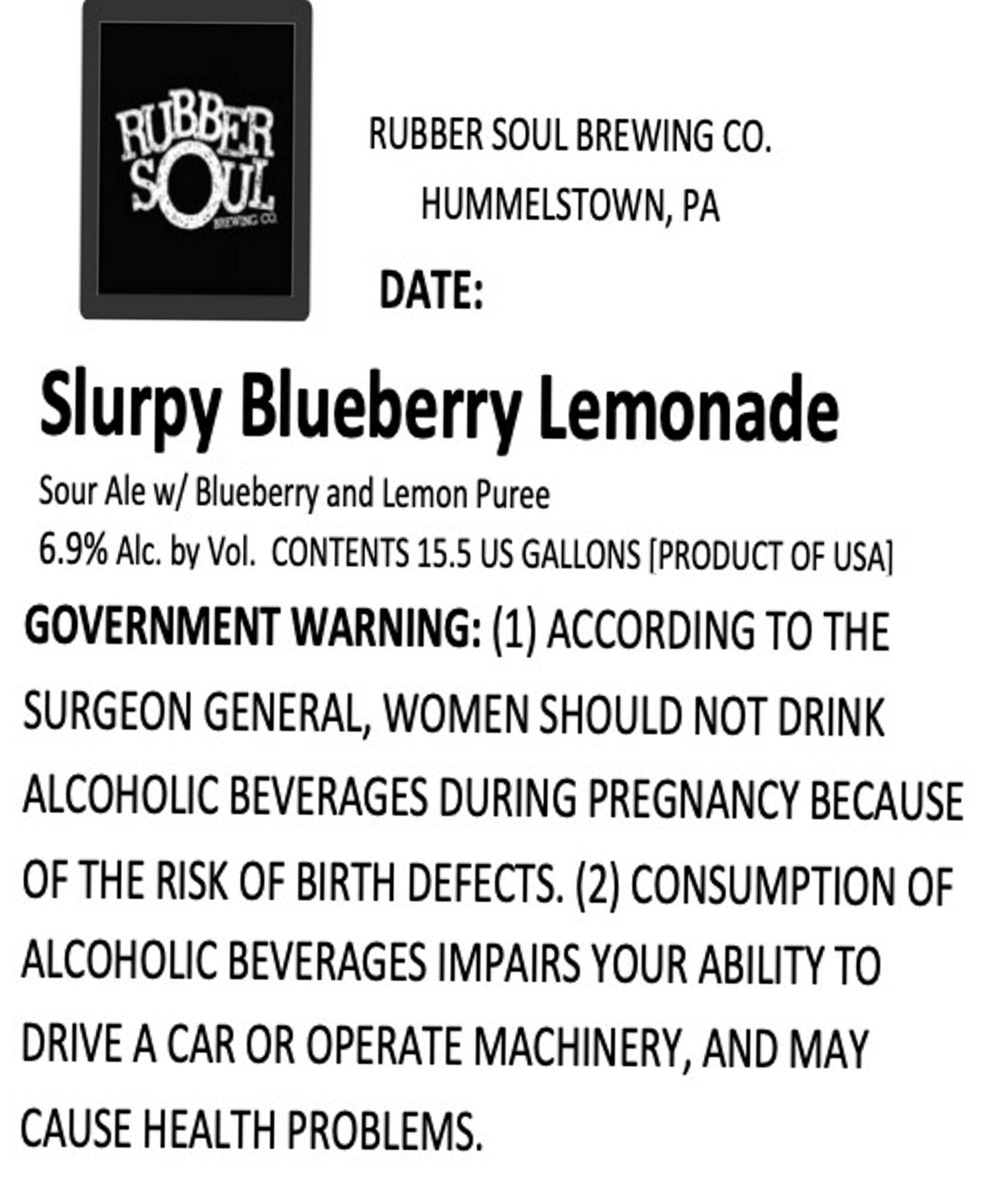 Slurpy Blueberry Lemonade by Rubber Soul Brewing Co. - beer label