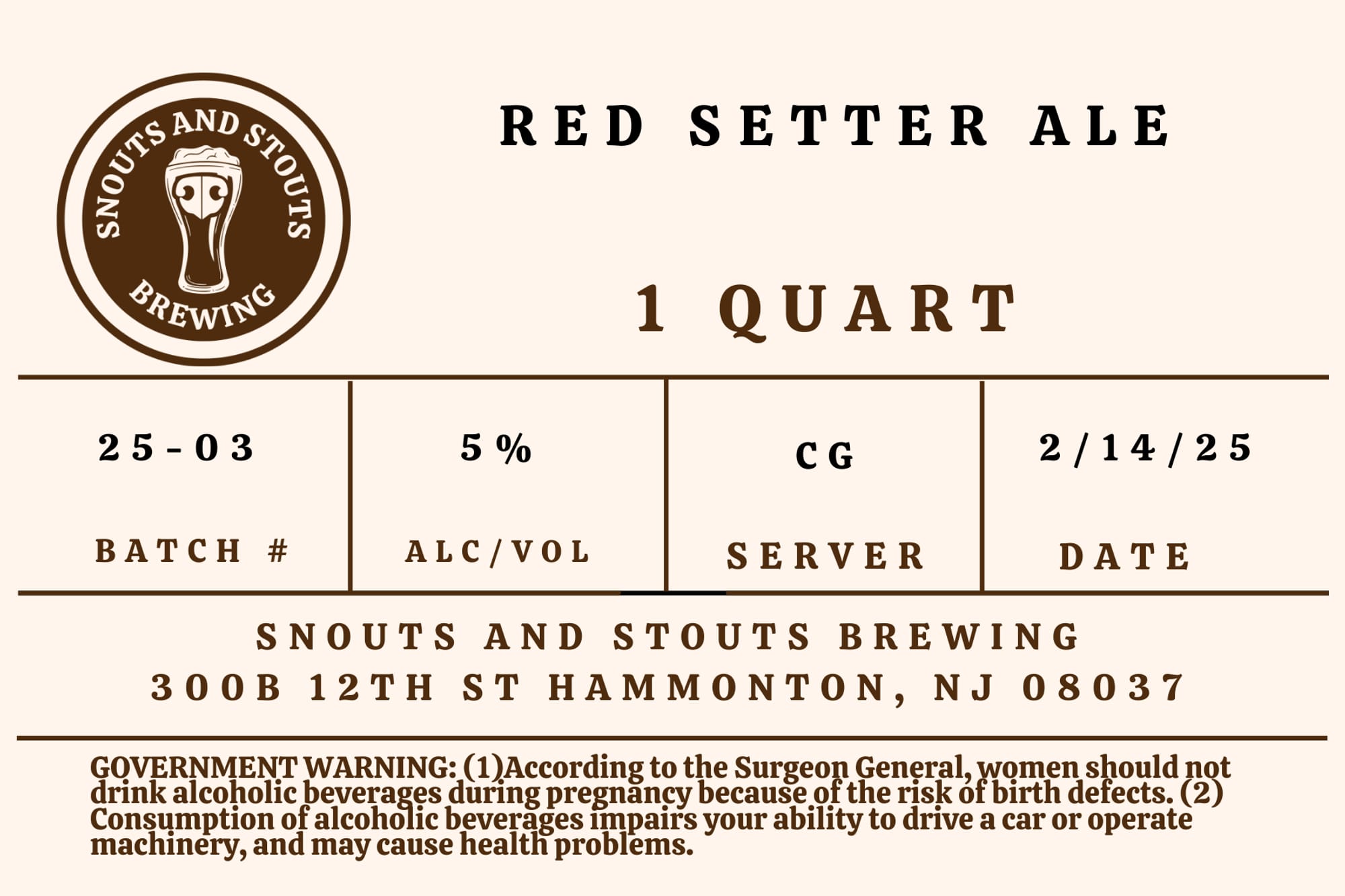 Red Setter Ale by Snouts and Stouts Brewing - beer label