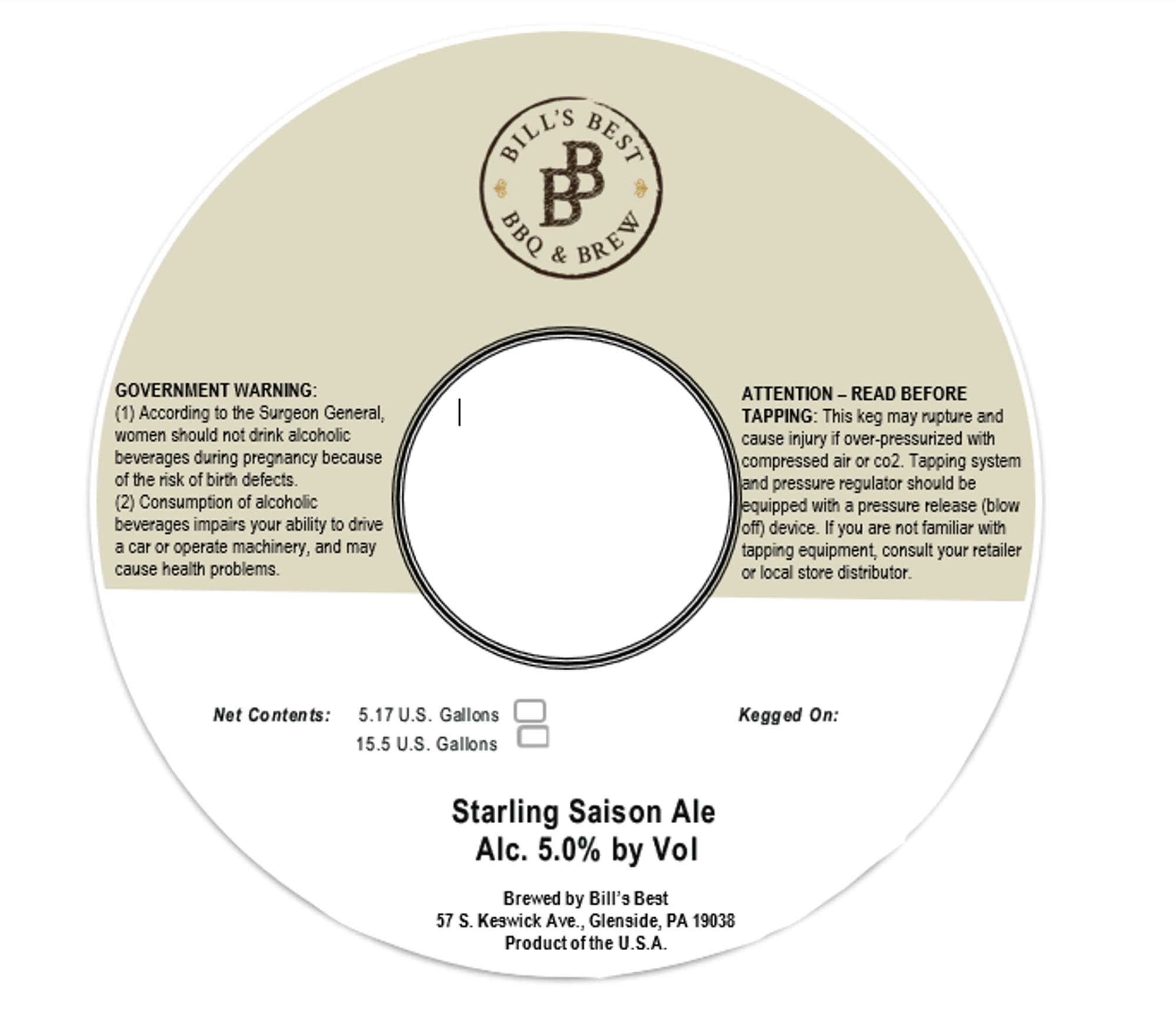 Starling Saison Ale by Bill's Best - beer label