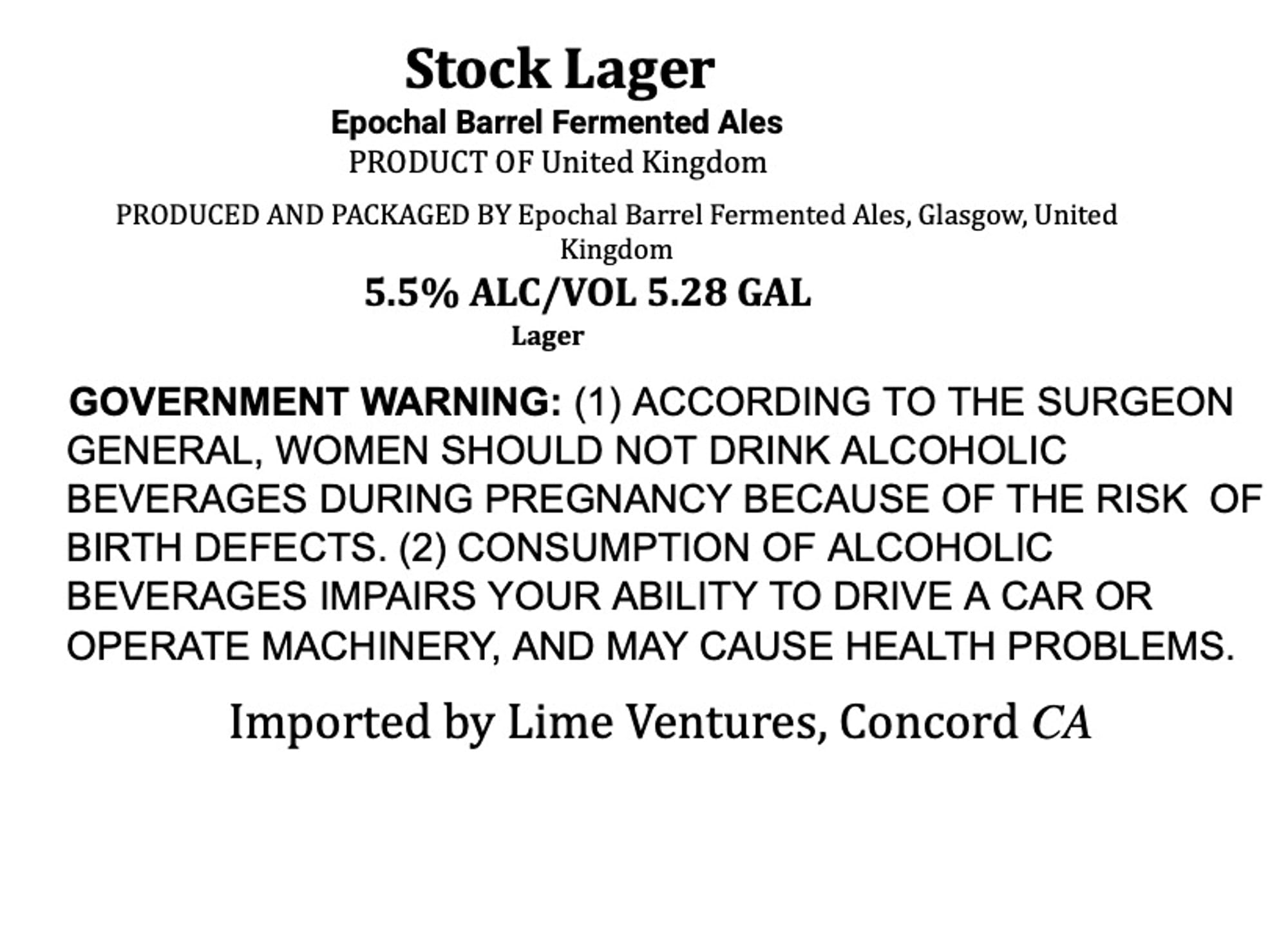 Stock Lager by Epochal Barrel Fermented Ales - beer label