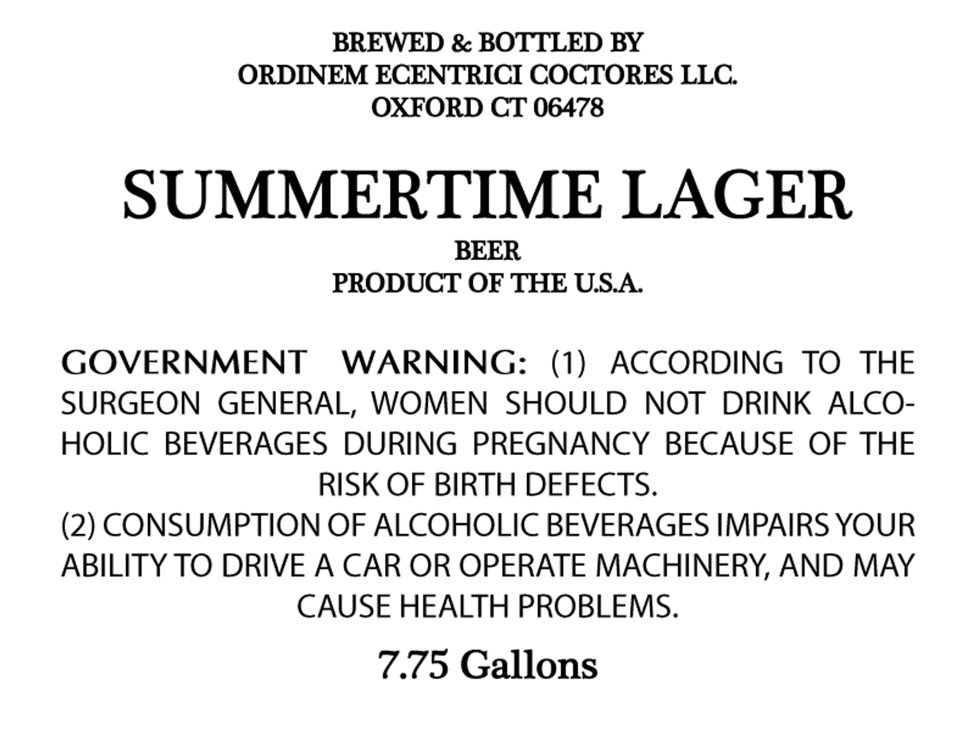 Summertime Lager by Ordinem Eccentrici Coctores LLC - beer label