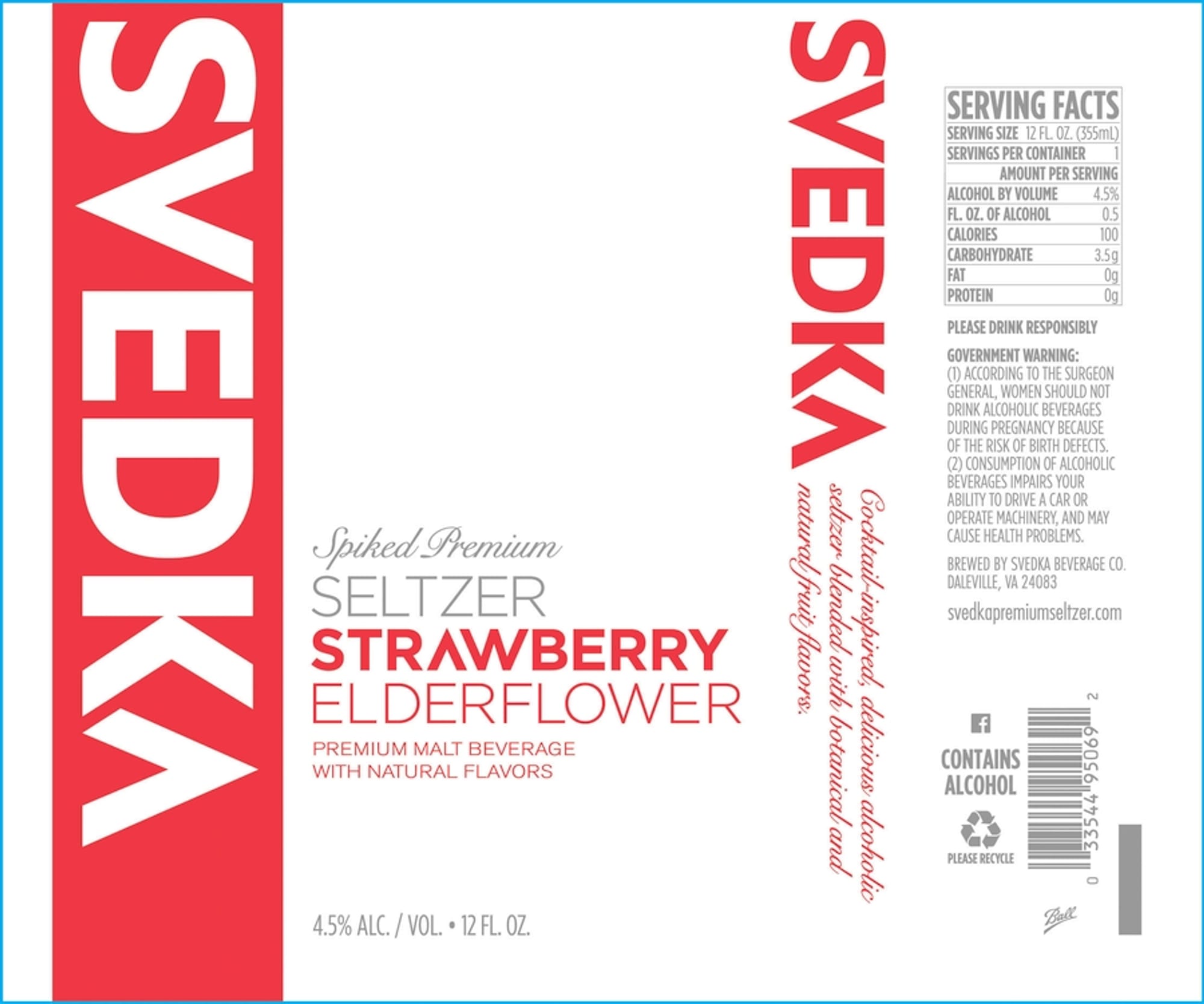 Svedka Premium Seltzer Strawberry Elderflower by Svedka Beverage Co. - beer label