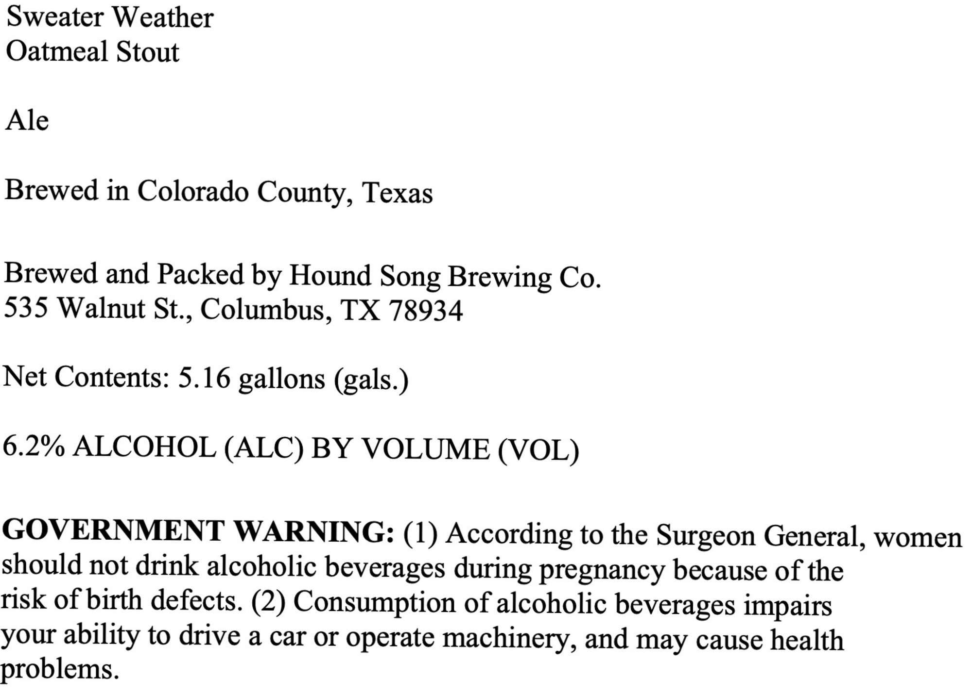 Sweater Weather by Hound Song Brewing Co. - beer label