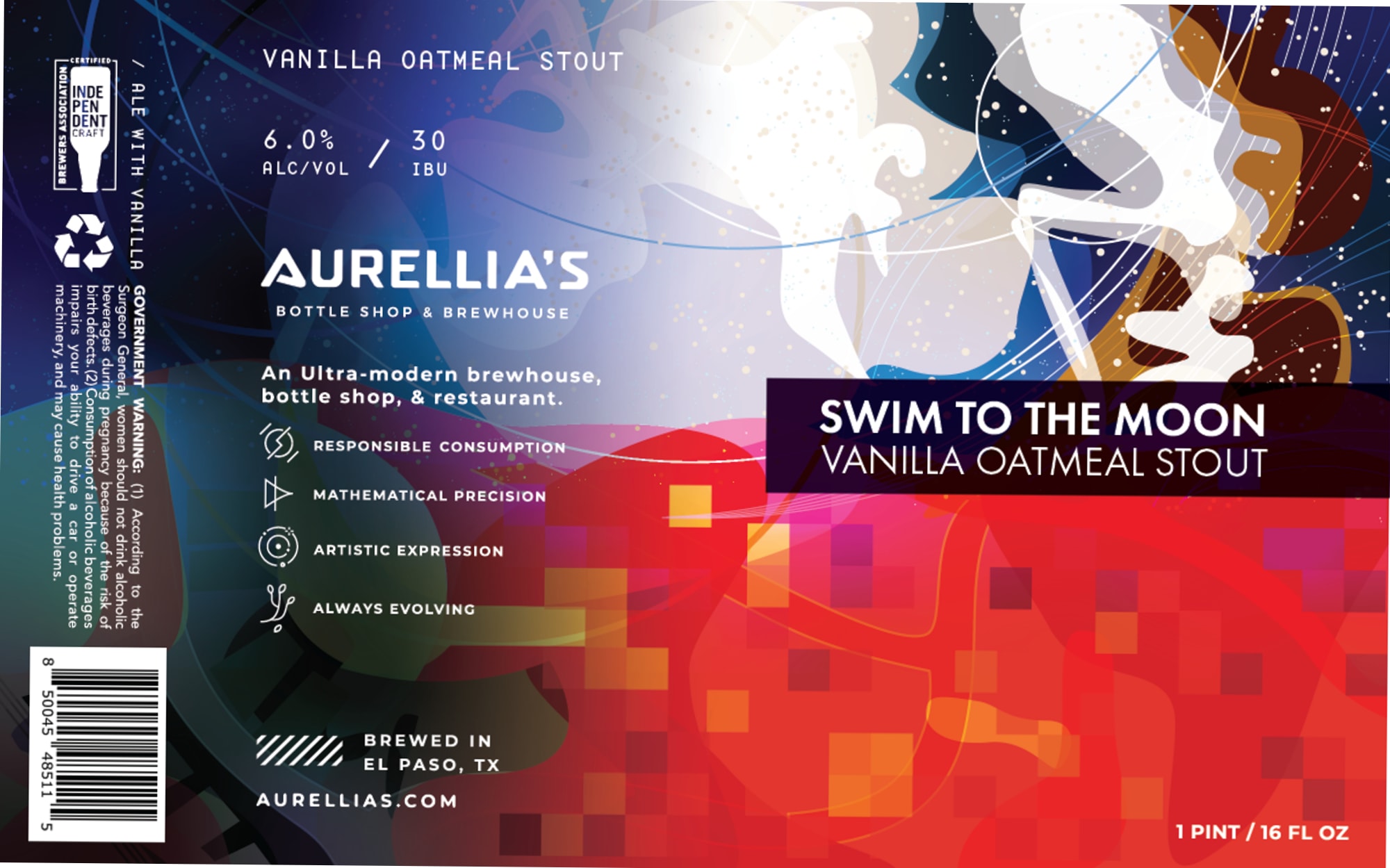 Swim to the Moon Vanilla Oatmeal Stout by Aurellia’s Government - beer label