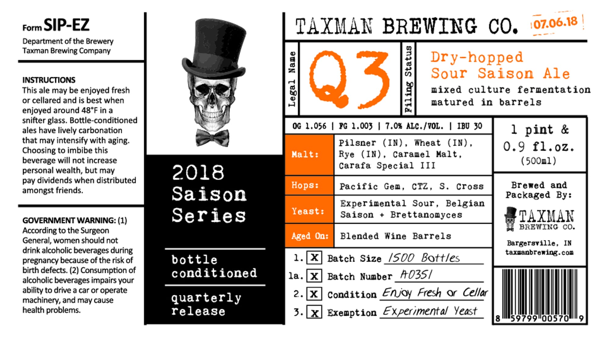 2018 Saison Series by Taxman Brewing Co. - beer label