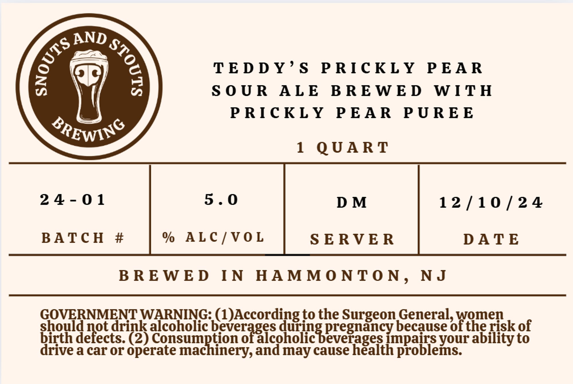 Teddy’s Prickly Pear by Snouts and Stouts Brewing - beer label