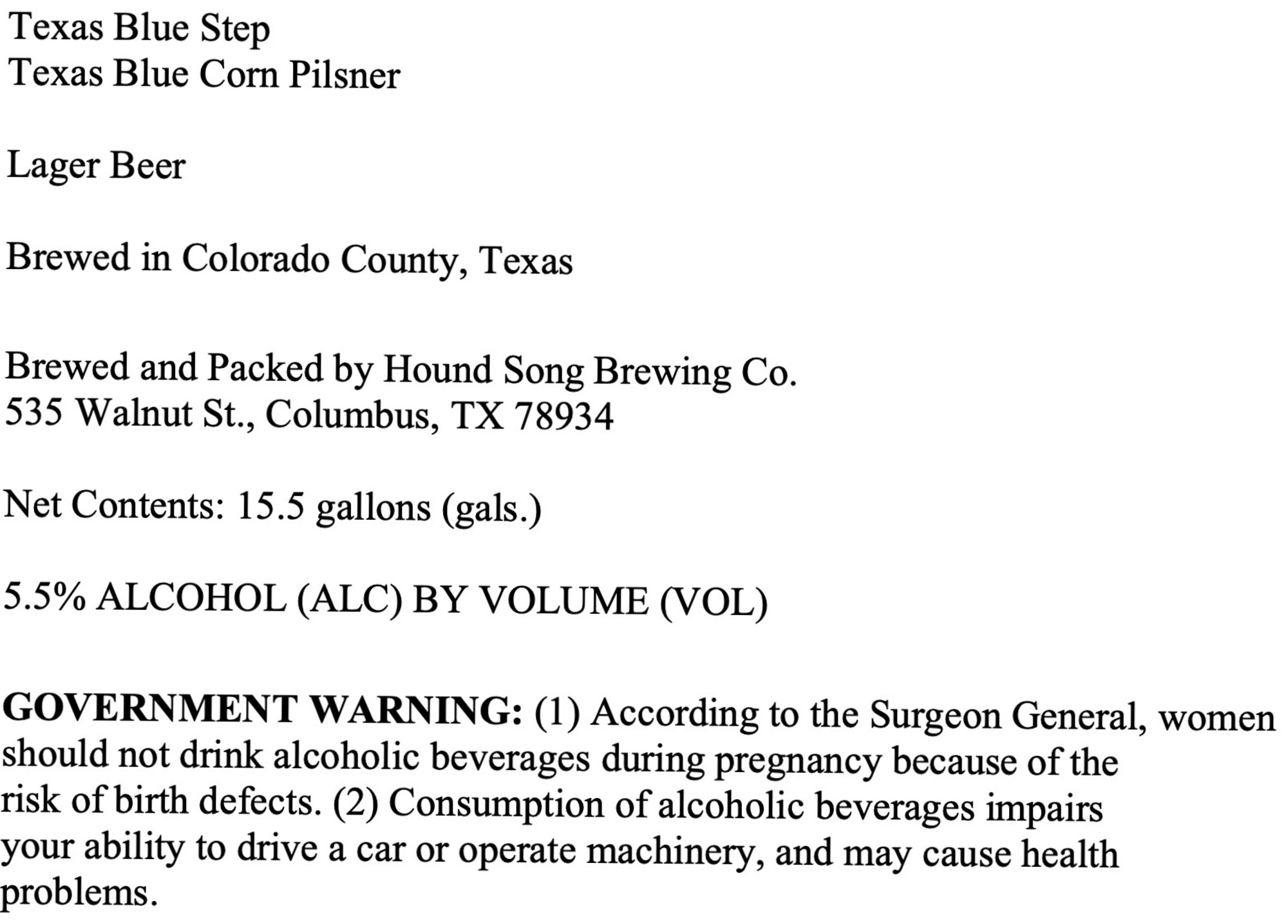 Texas Blue Step by Hound Song Brewing Co. - beer label