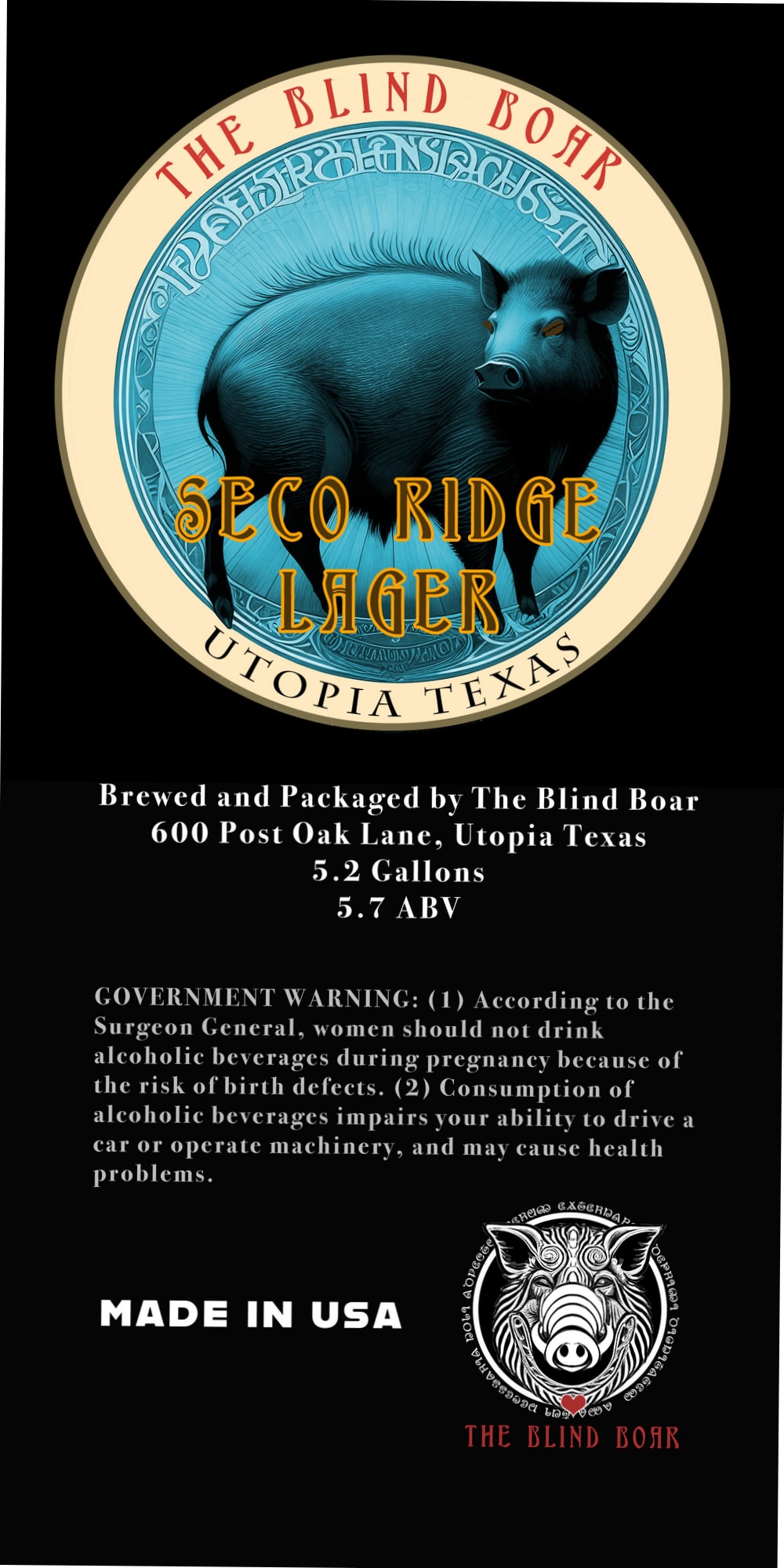 Seco Ridge Lager by The Blind Boar - beer label