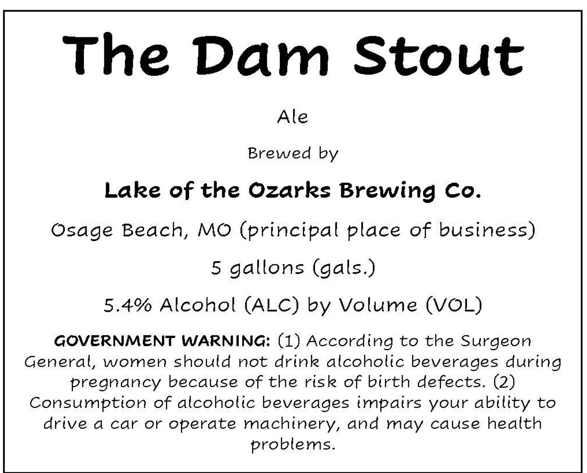 The Dam Stout by Lake of the Ozarks Brewing Co. - beer label