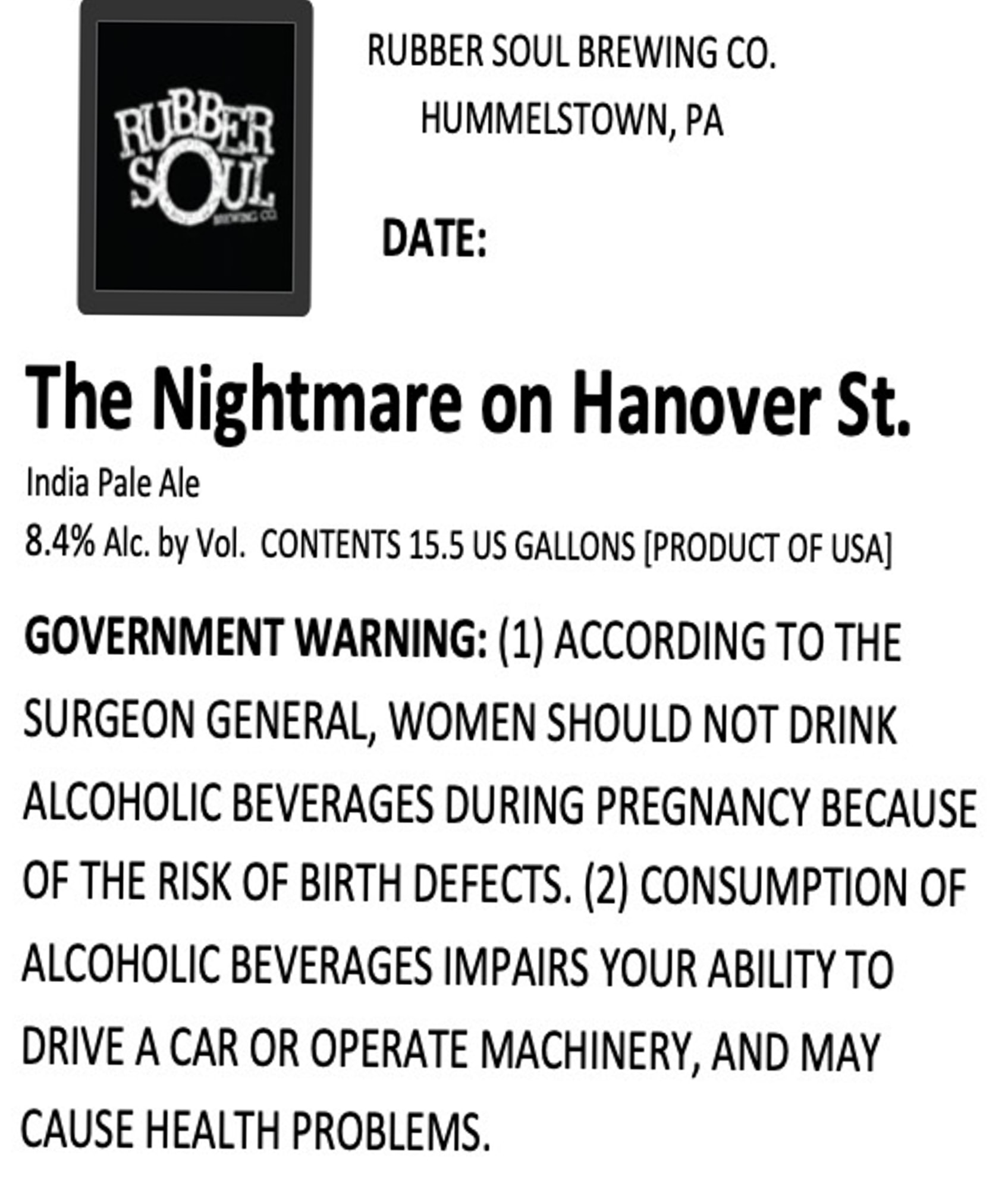 The Nightmare on Hanover St. by Rubber Soul Brewing Co. - beer label