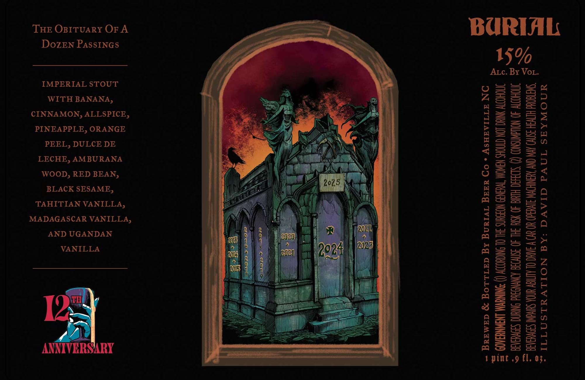 The Obituary of a Dozen Passings by Burial Beer Co. - beer label