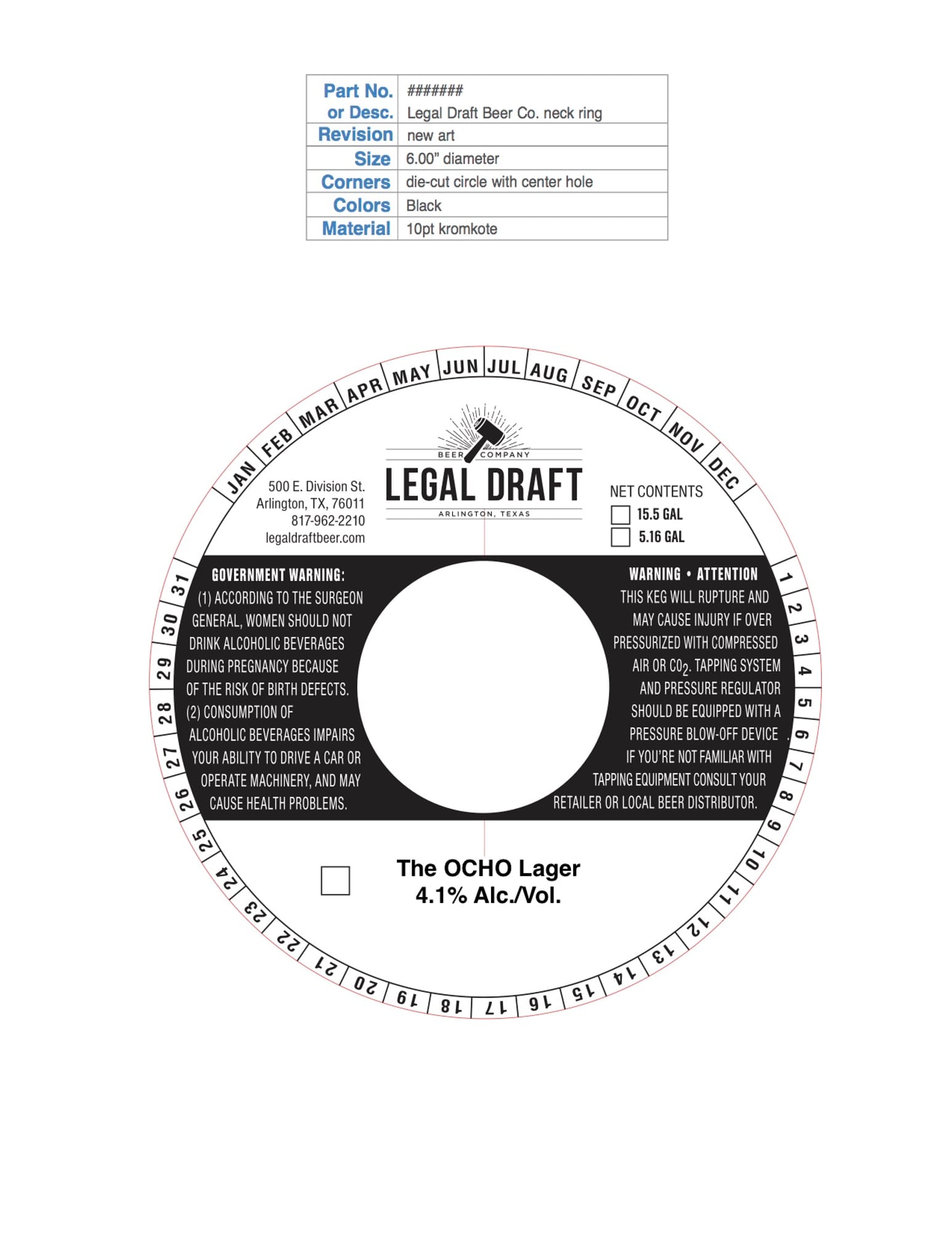 The Ocho Lager by Legal Draft Beer Co. - beer label