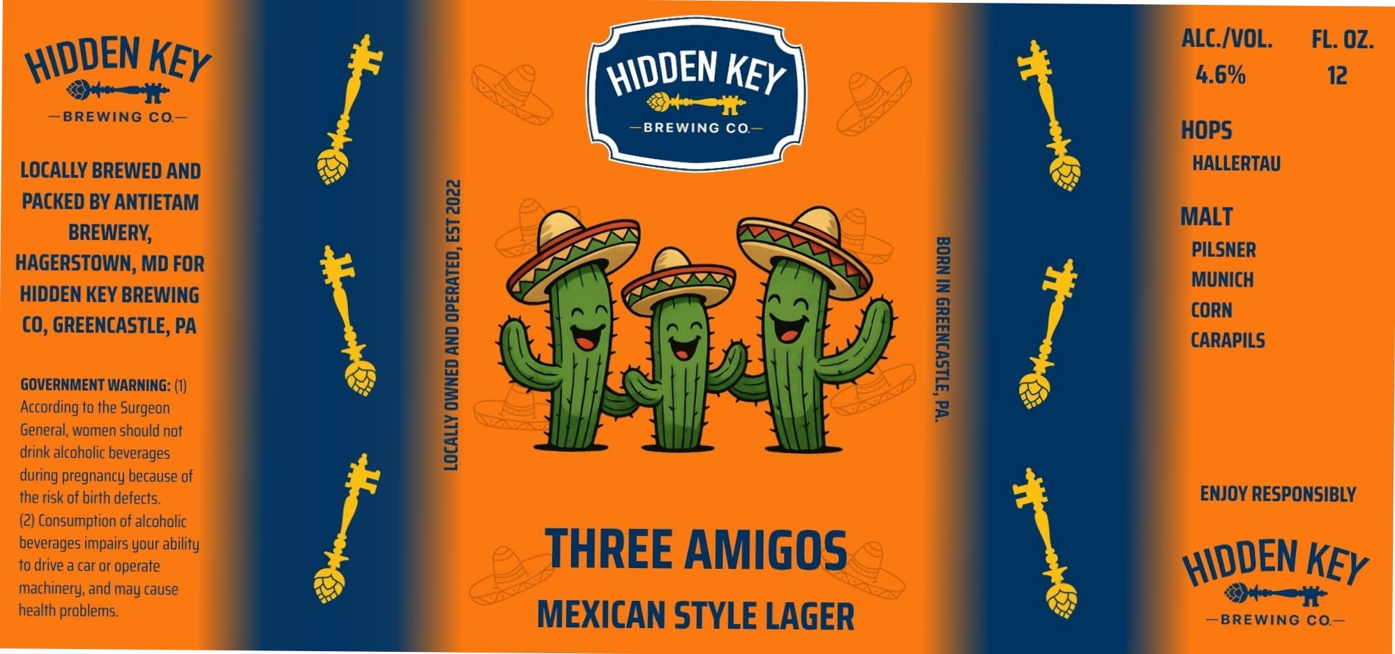 Three Amigos by Hidden Key Brewing Co. - beer label