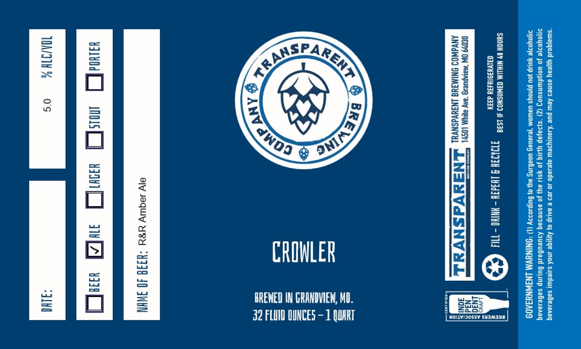 R&R: Porter by Transparent Brewing Company - beer label