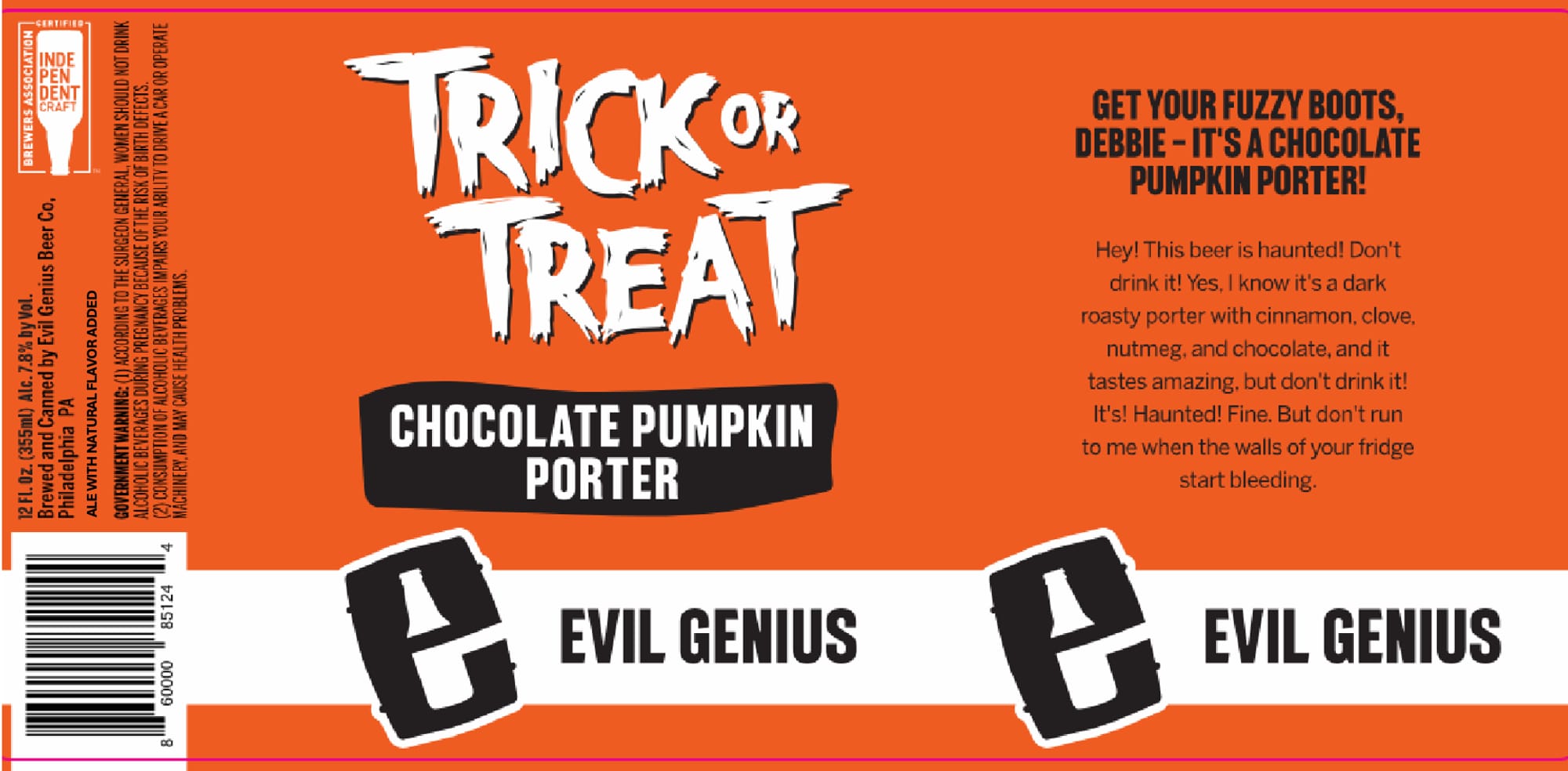 Trick or Treat by Evil Genius Beer Co. - beer label